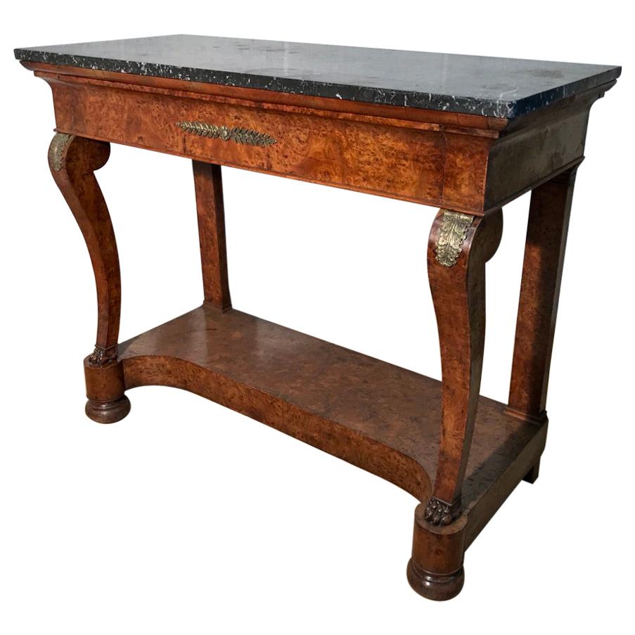 19th Century French Burr Walnut Console Table with Charcoal Marble Top For Sale