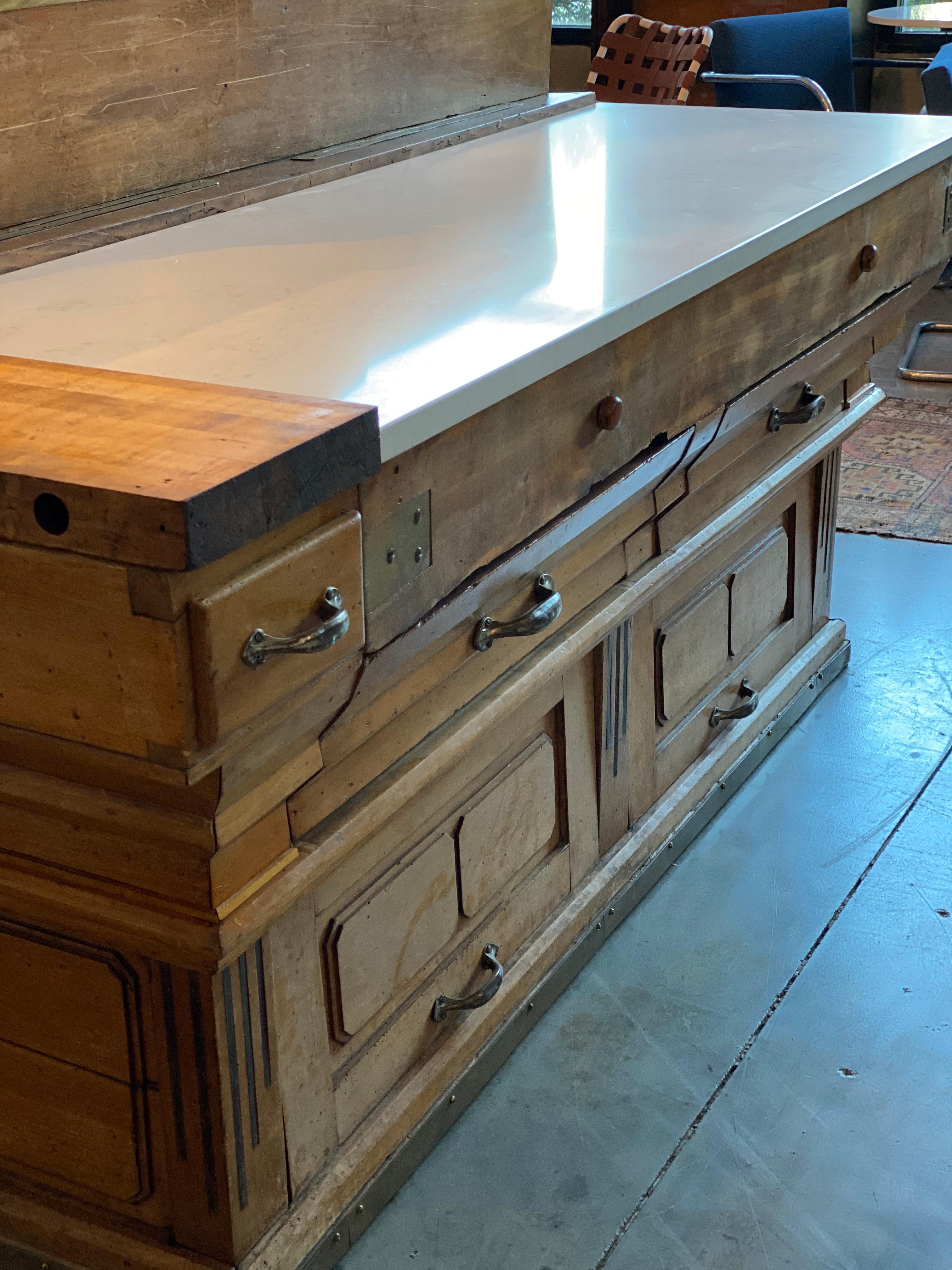 Exceptional large French butcher block station, with added marble top acquired from a private collection.

This piece was acquired in south if France in the 1970’s.