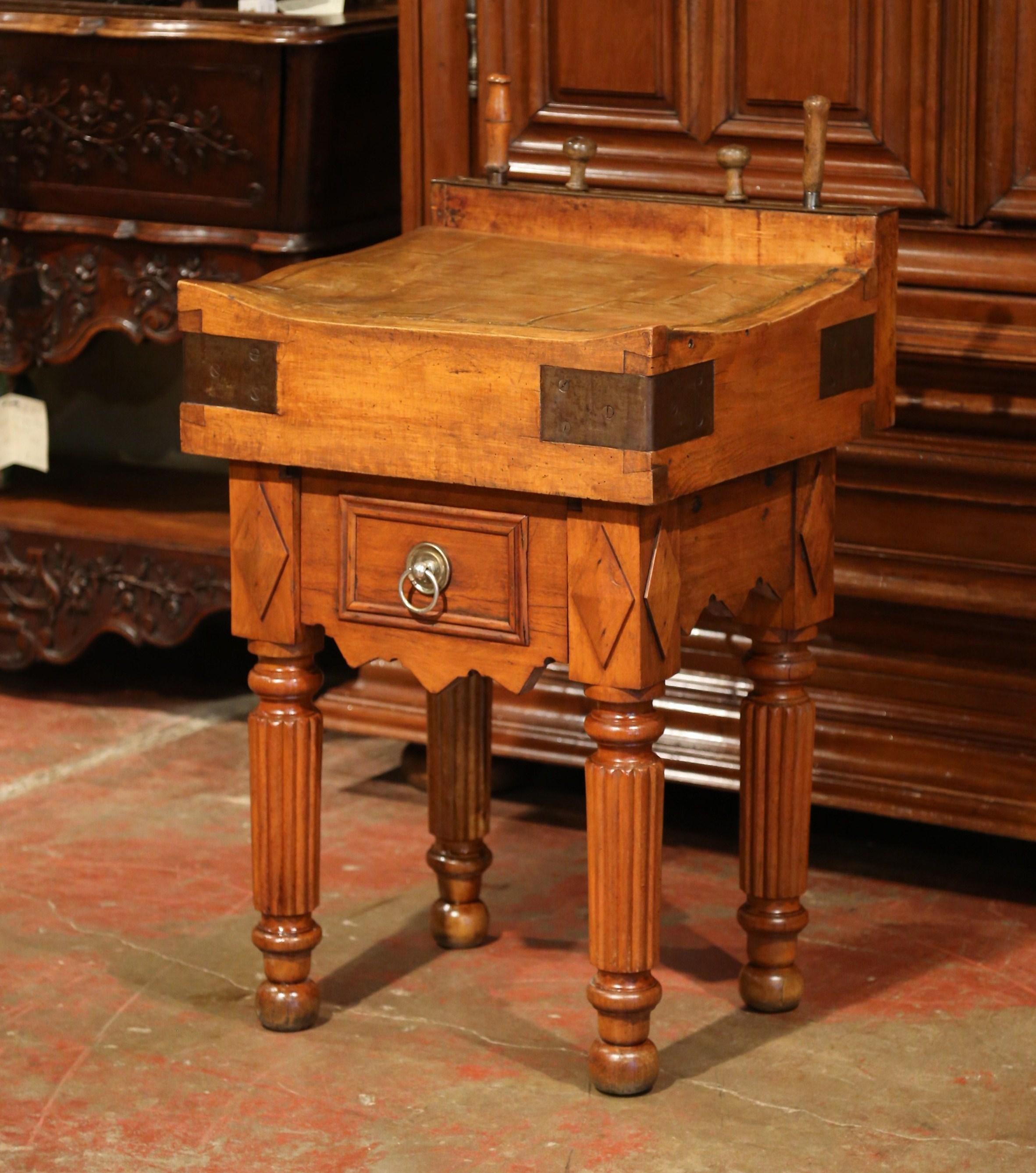 19th Century French Butcher Block with Antique Meat Cleavers Knives 1