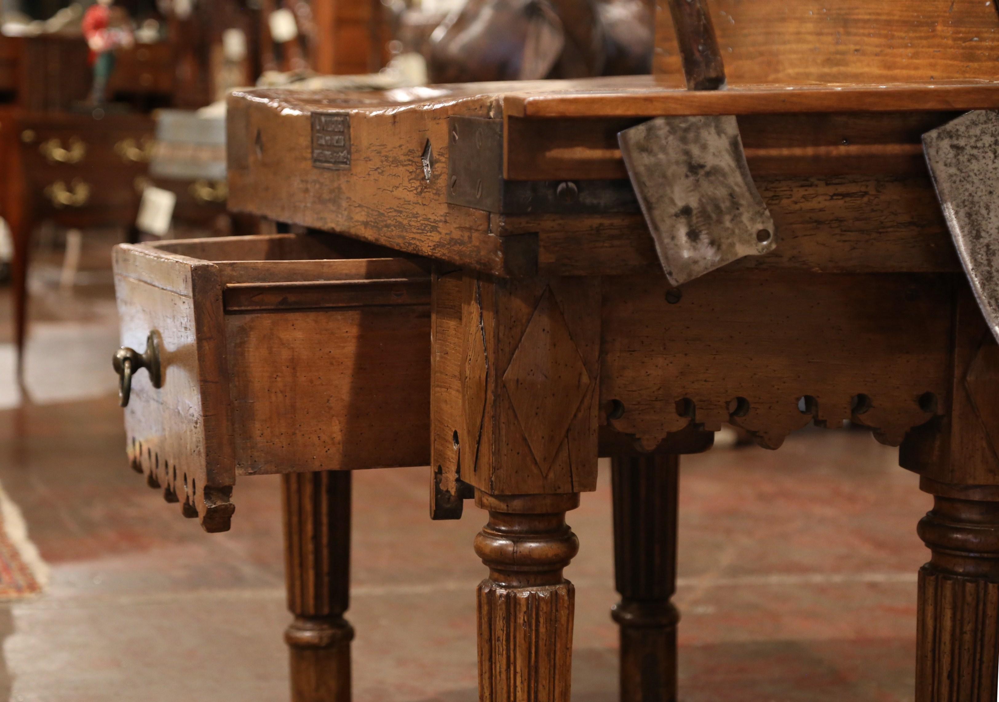 19th Century French Butcher Block with Bronze Bull Head and Antique Meat Knives 2