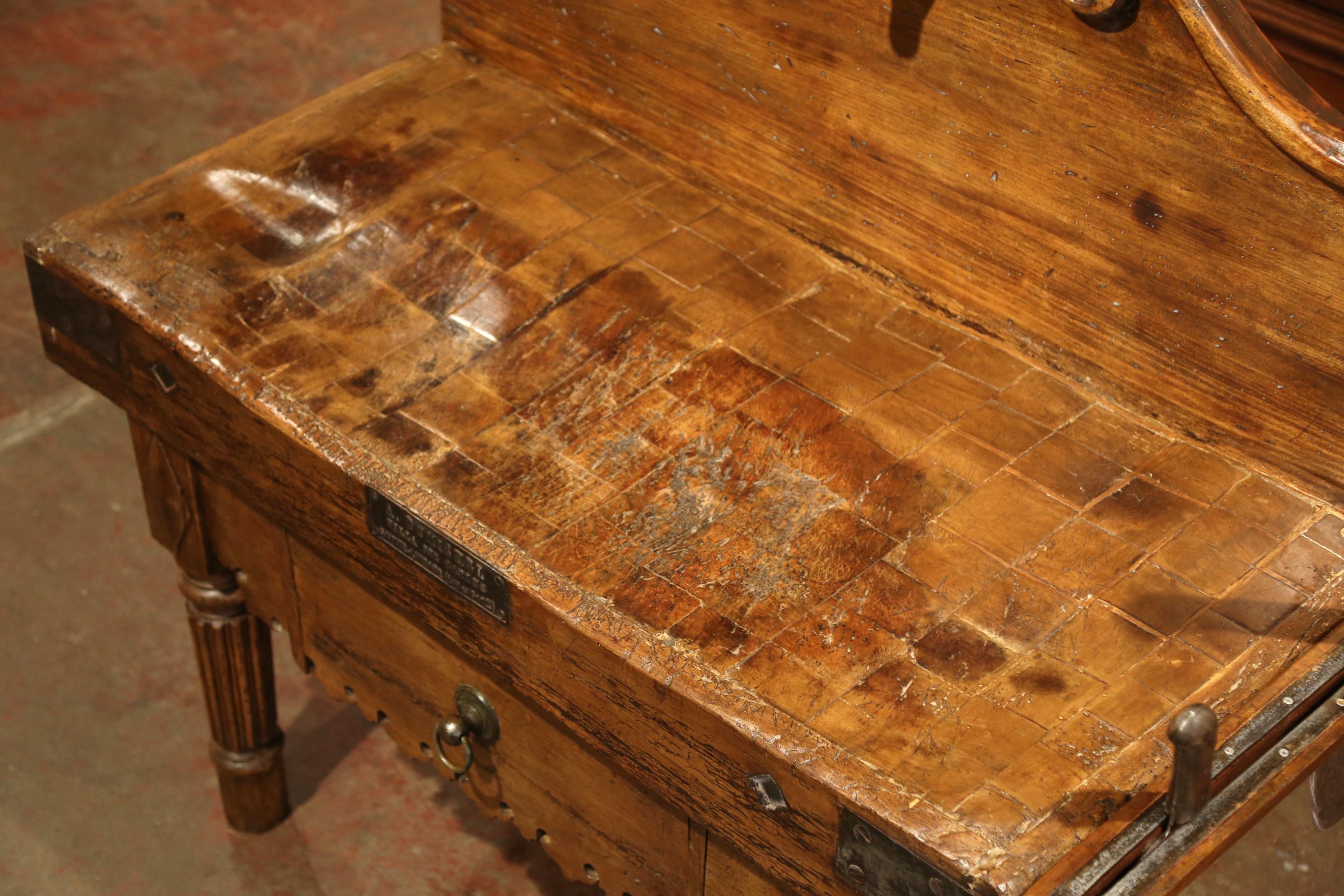 Country 19th Century French Butcher Block with Bronze Bull Head and Antique Meat Knives