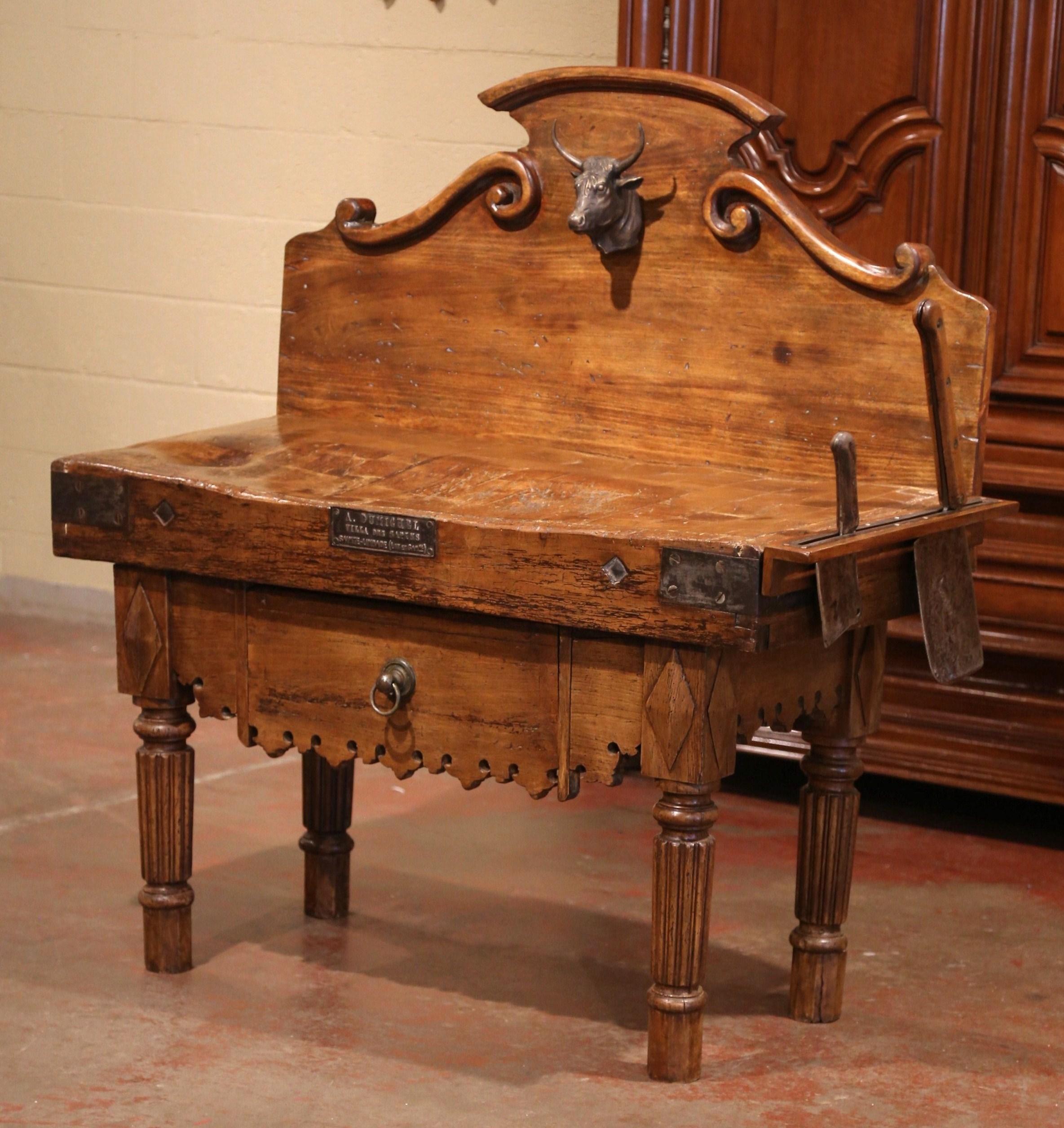 Hand-Carved 19th Century French Butcher Block with Bronze Bull Head and Antique Meat Knives