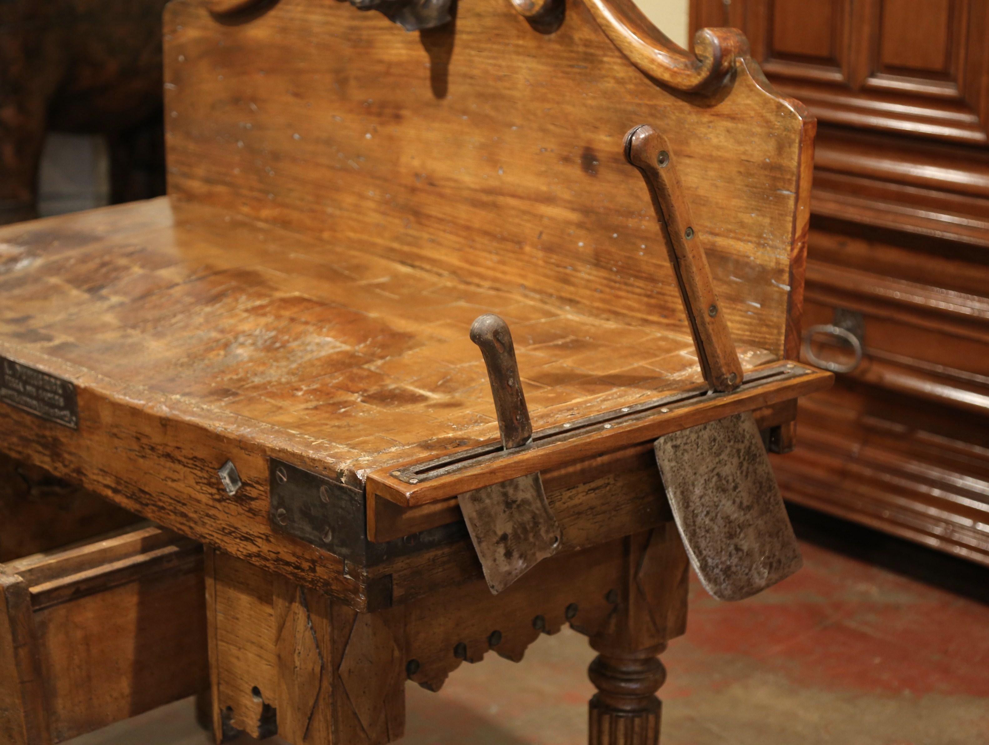 Beech 19th Century French Butcher Block with Bronze Bull Head and Antique Meat Knives