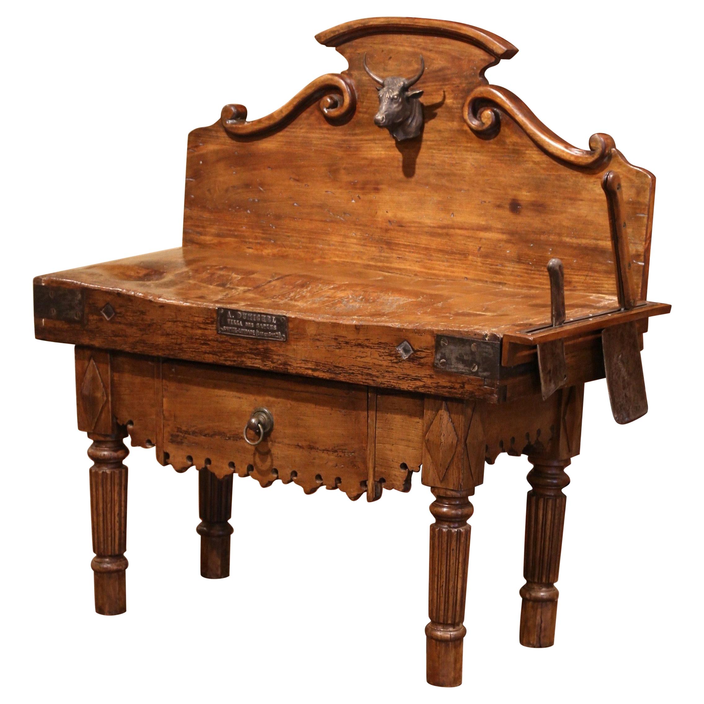 19th Century French Butcher Block with Bronze Bull Head and Antique Meat Knives