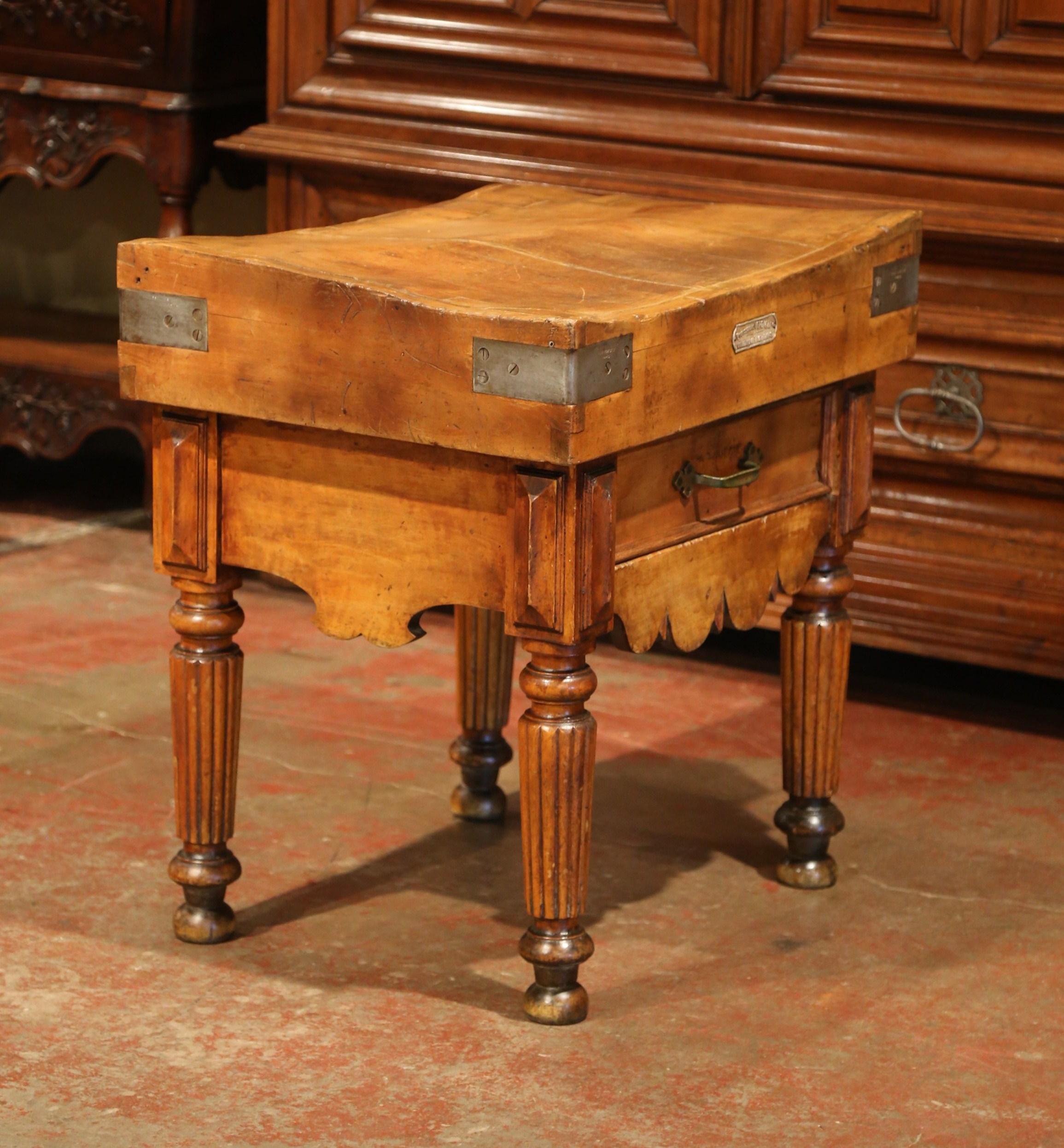 Rustic 19th Century French Butcher Block with Centre Drawer Signed Vergne and Co.