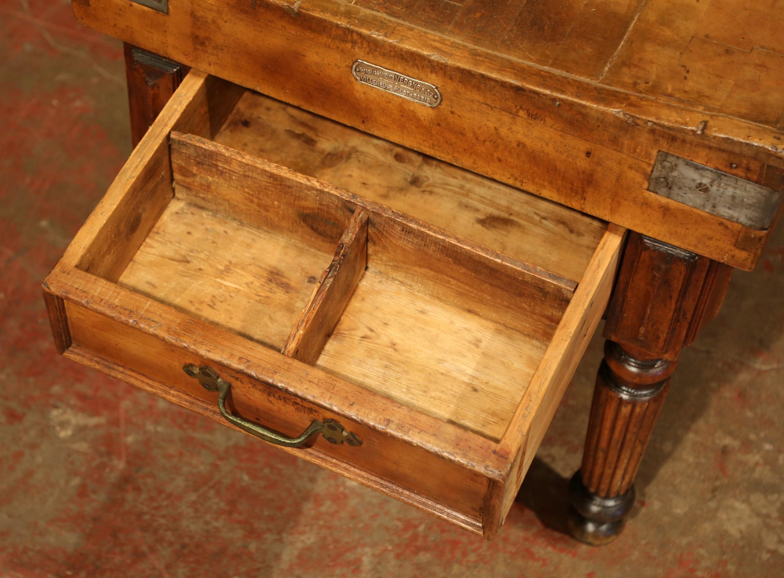19th Century French Butcher Block with Centre Drawer Signed Vergne and Co. 2