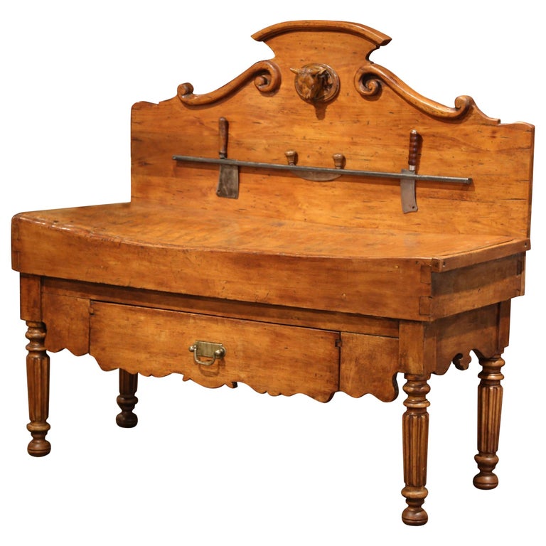 19th Century French Butcher Block With Cow Head And Antique Meat Knives At 1stdibs