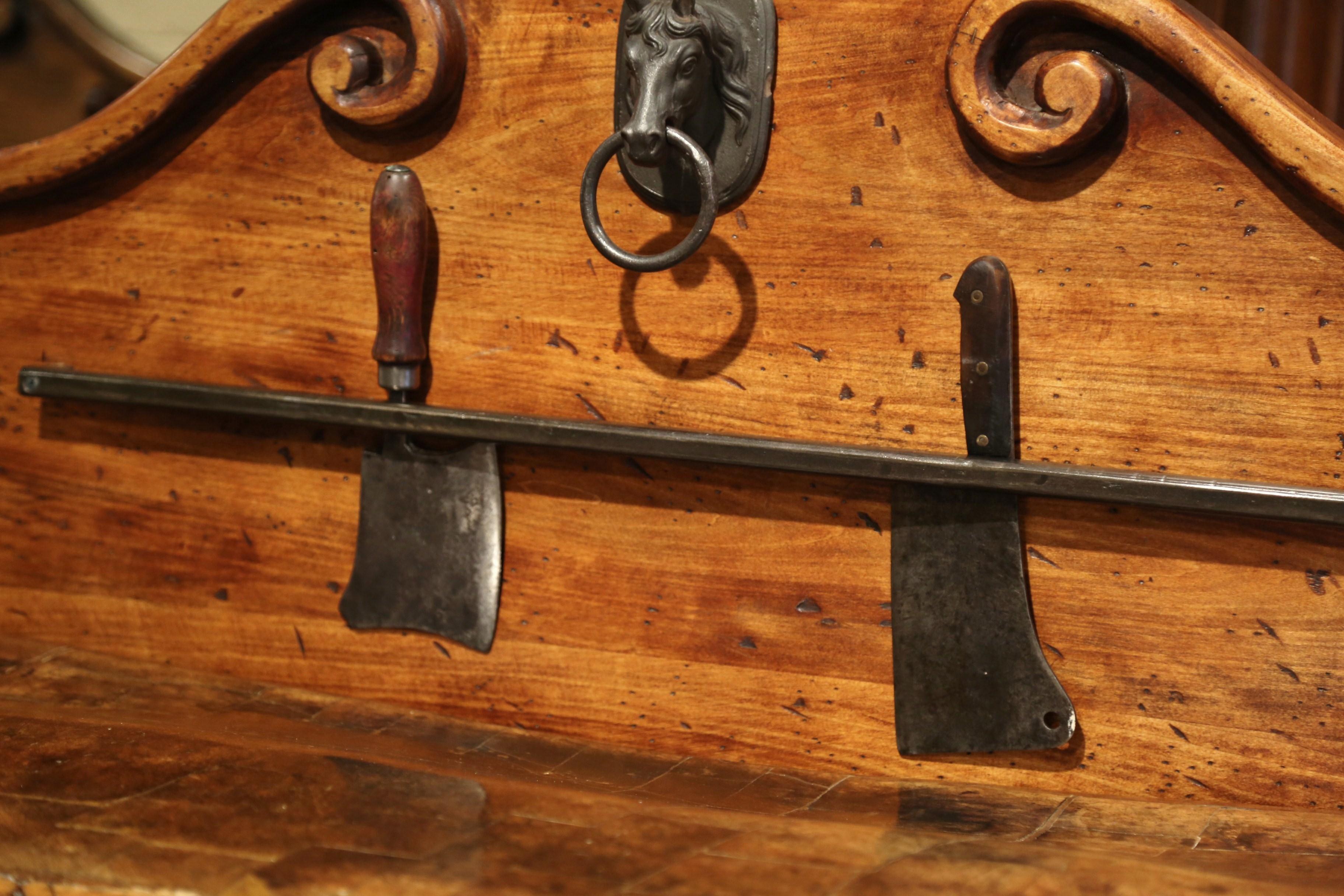 19th Century French Butcher Block with Horse Head and Antique Meat Knives 4