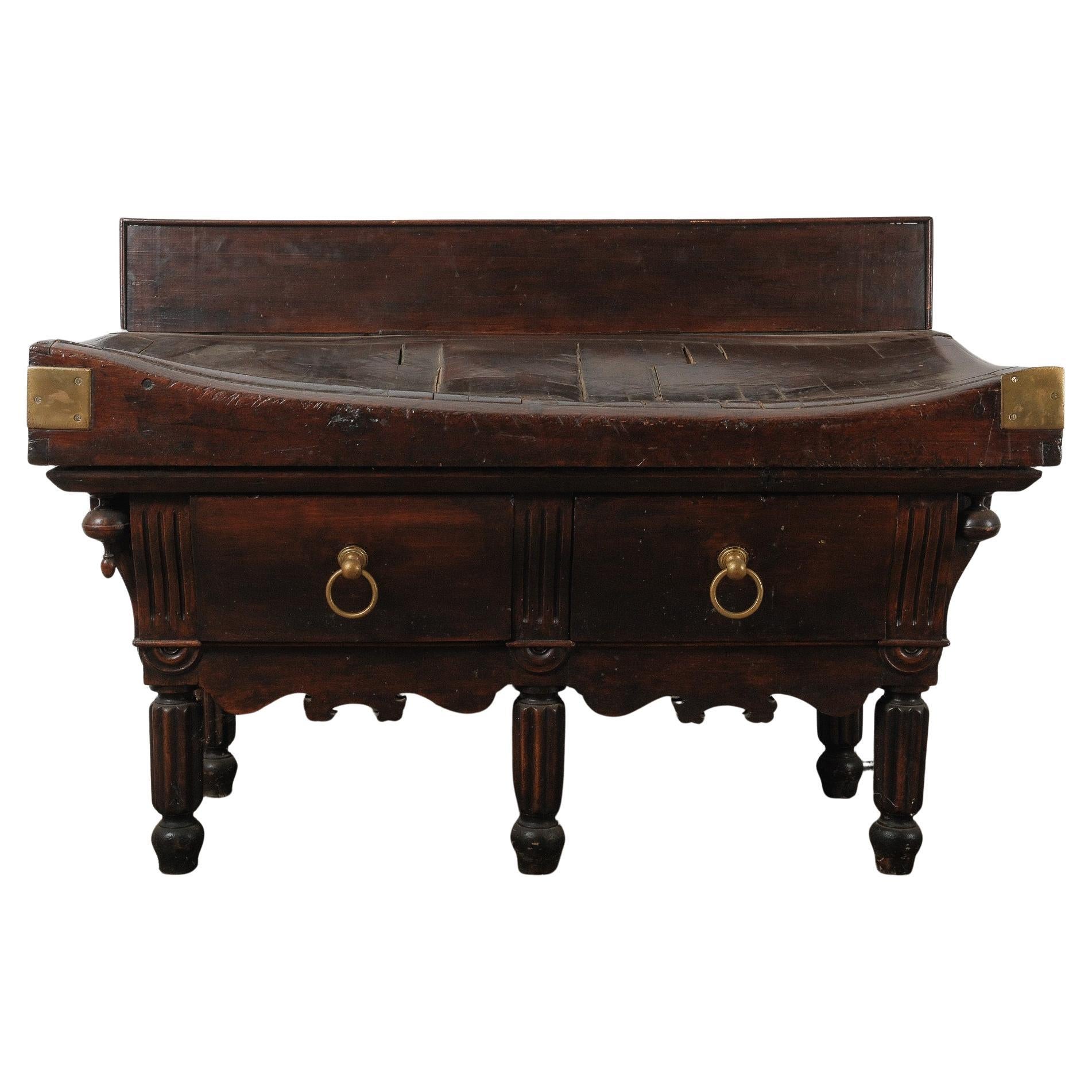 19th Century French Butcher’s Block Table with Backsplash Dark-Stained
Brass