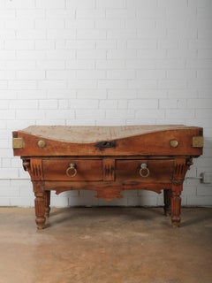 19th Century French Butcher’s Block Table with Drawers and Brass Mounts