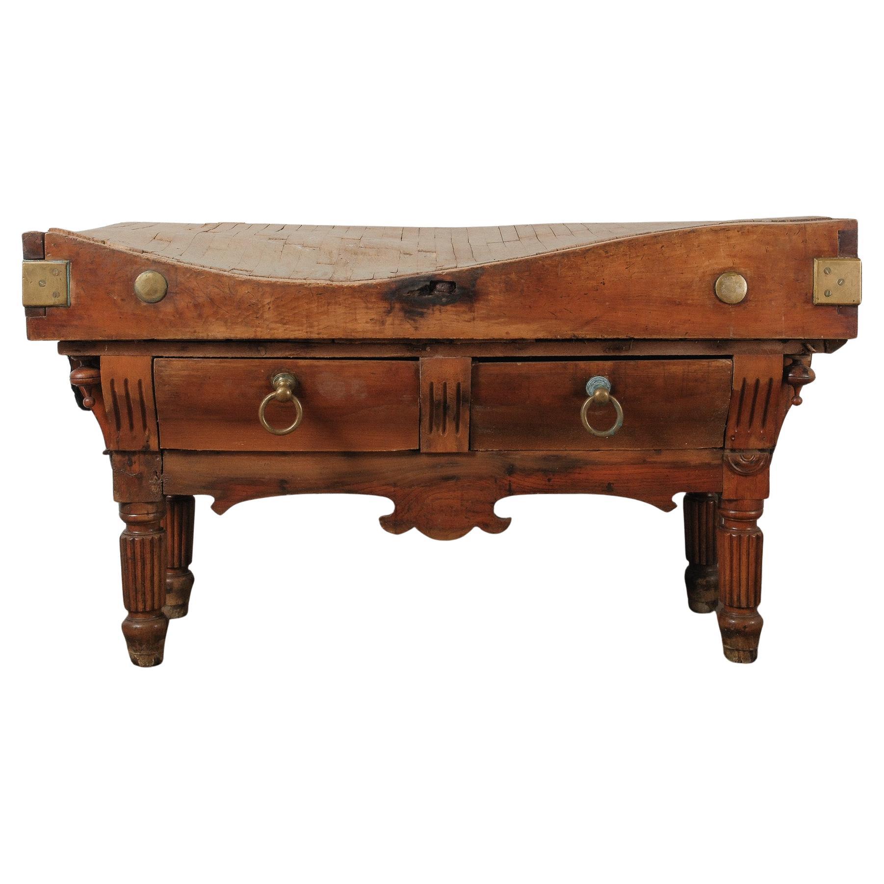 19th Century French Butcher’s Block Table with Drawers and Brass Mounts