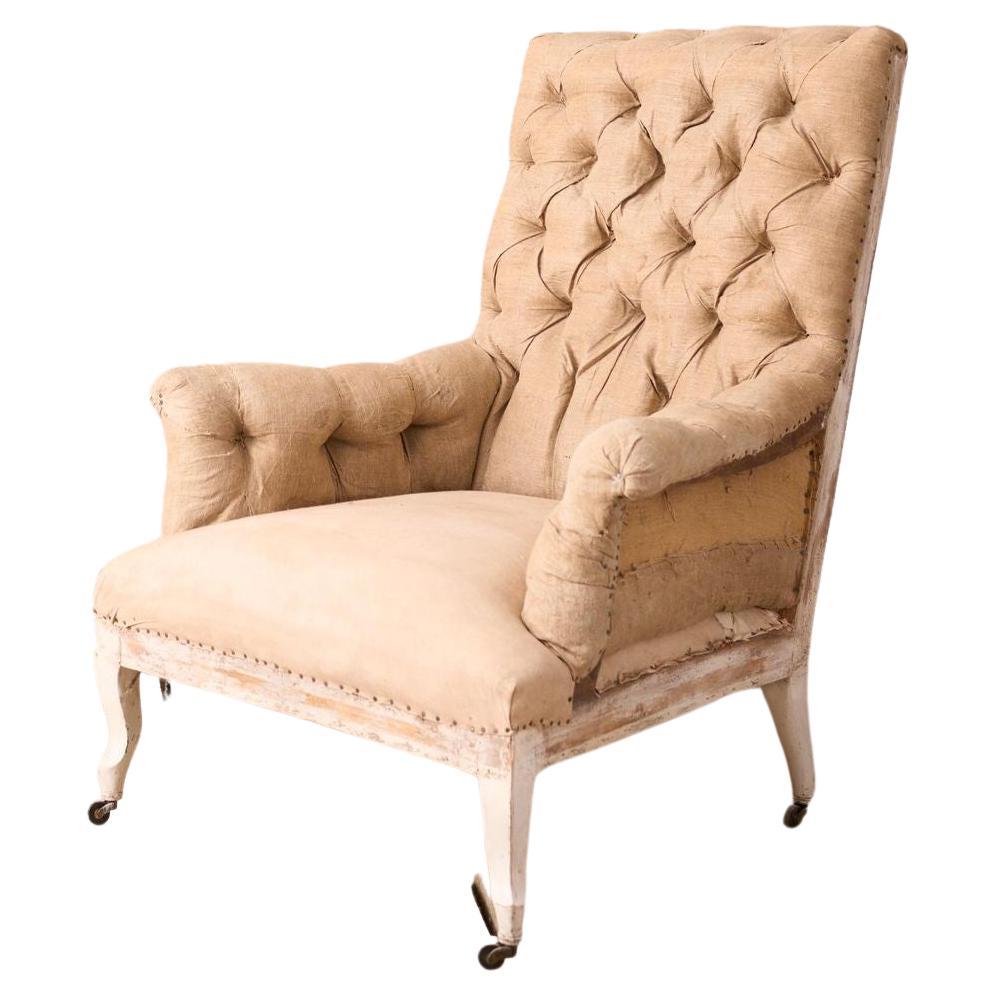 19th century French buttoned square back armchair For Sale