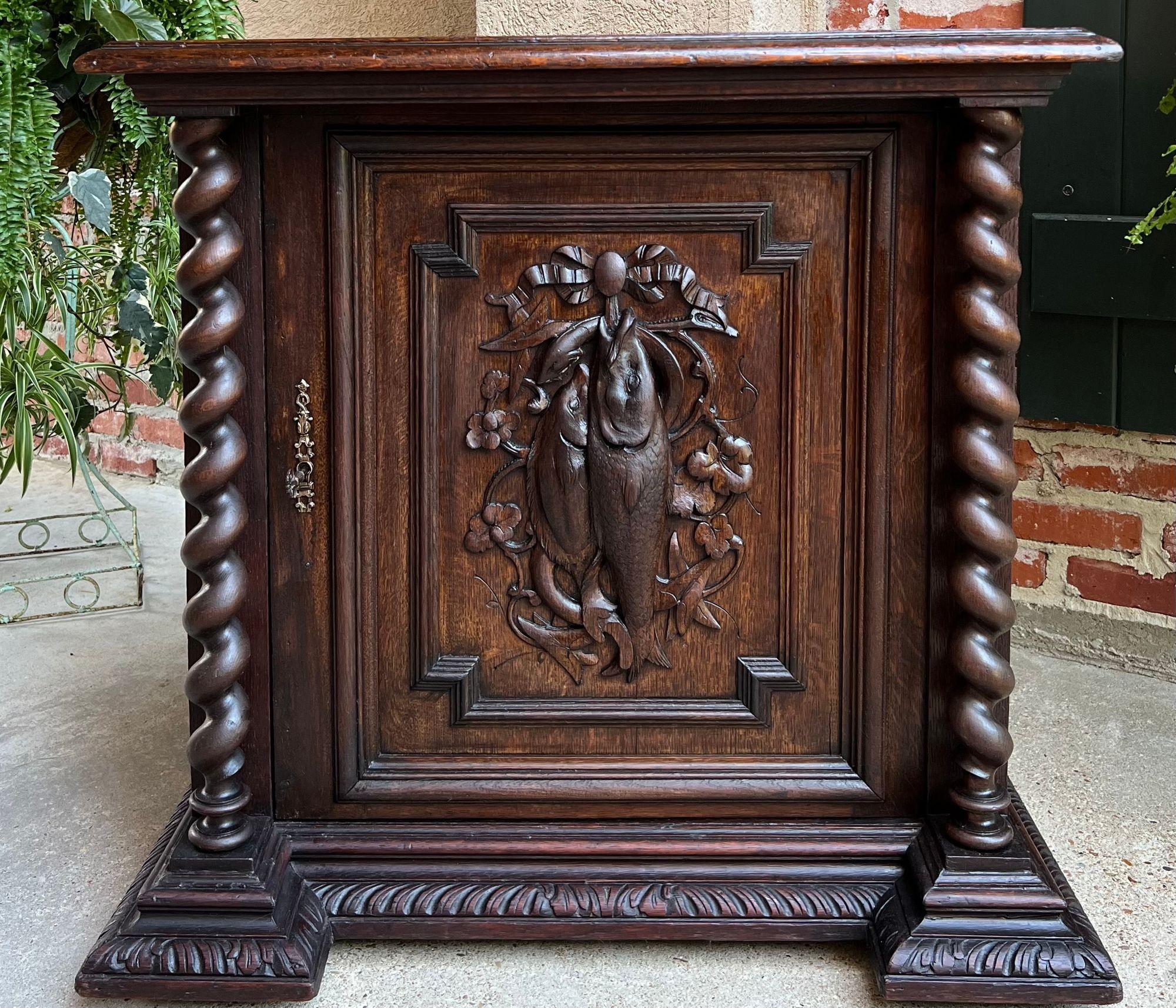 Hand-Carved 19th Century French Cabinet Barley Twist Black Forest Wine Bar Carved Oak Fish