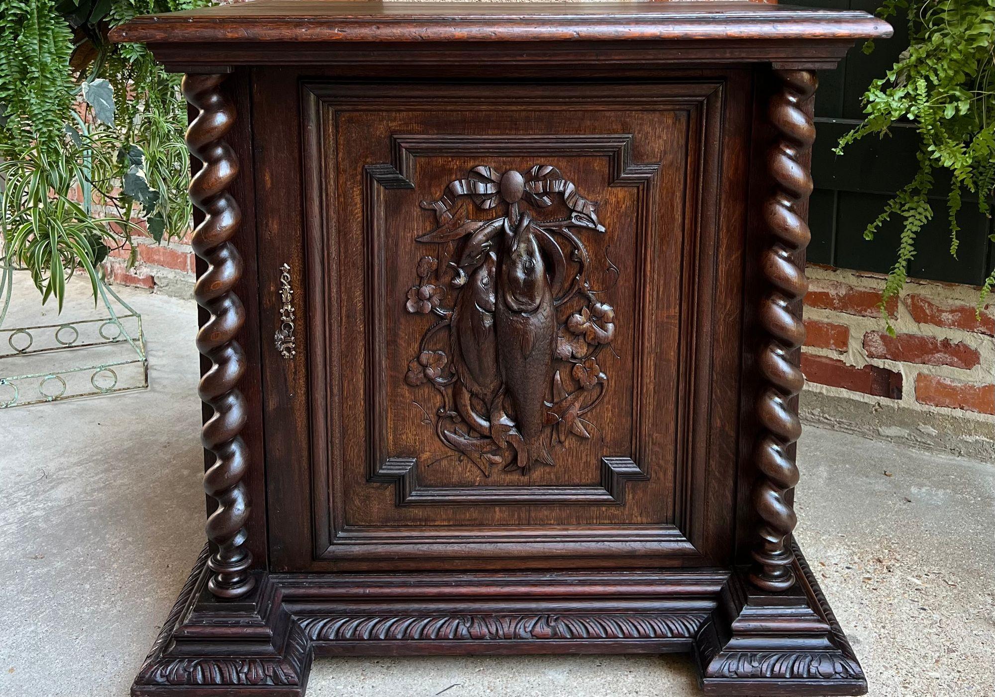 19th Century French Cabinet Barley Twist Black Forest Wine Bar Carved Oak Fish In Good Condition In Shreveport, LA
