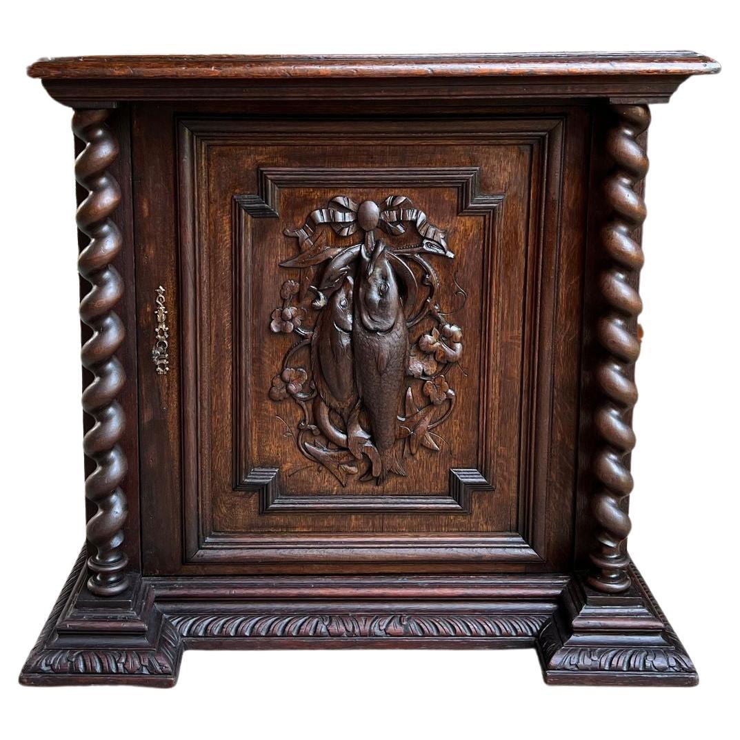 19th Century French Cabinet Barley Twist Black Forest Wine Bar Carved Oak Fish