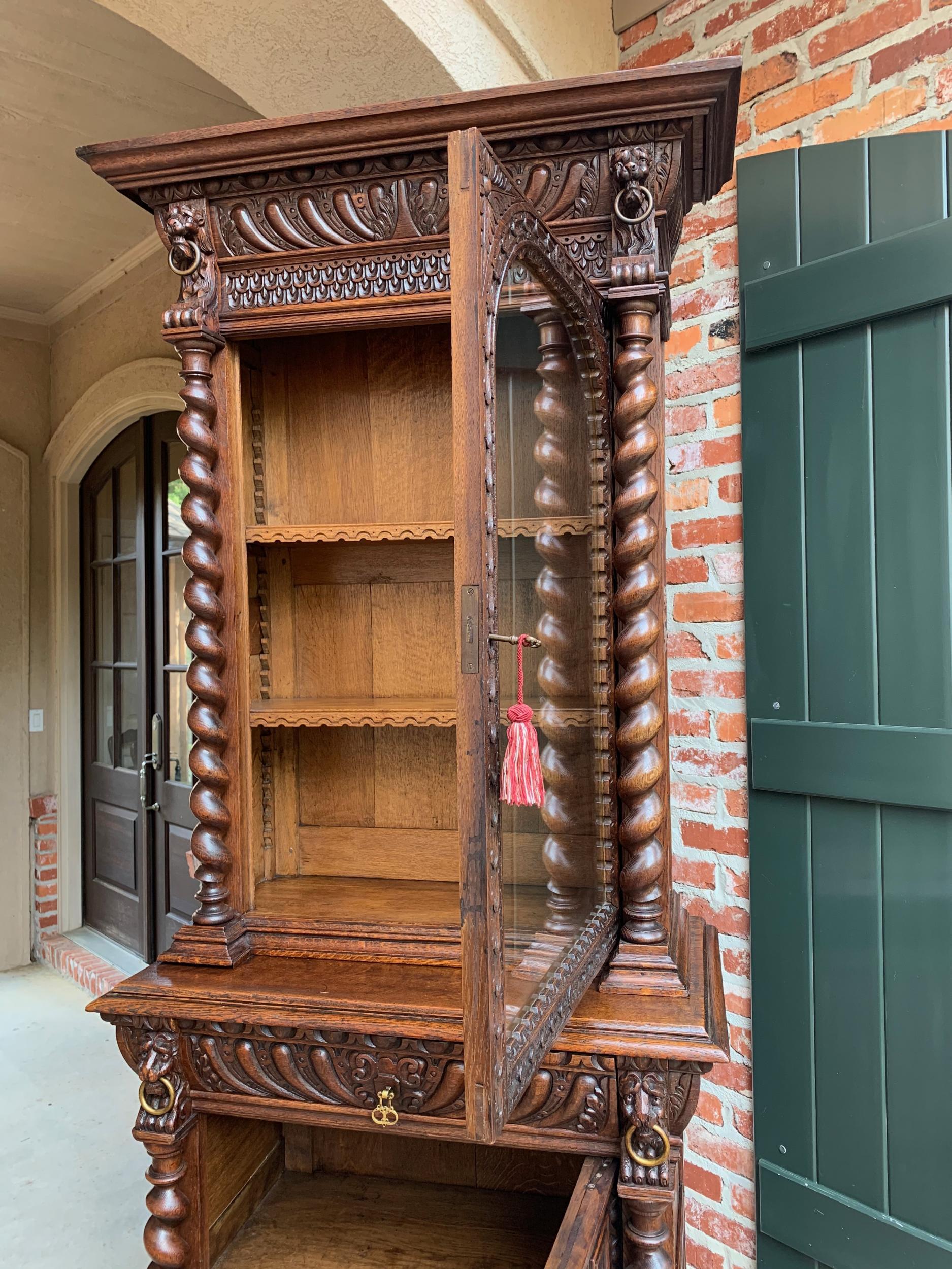 19th Century French Cabinet Bookcase Carved Oak Barley Twist Display Renaissance 9