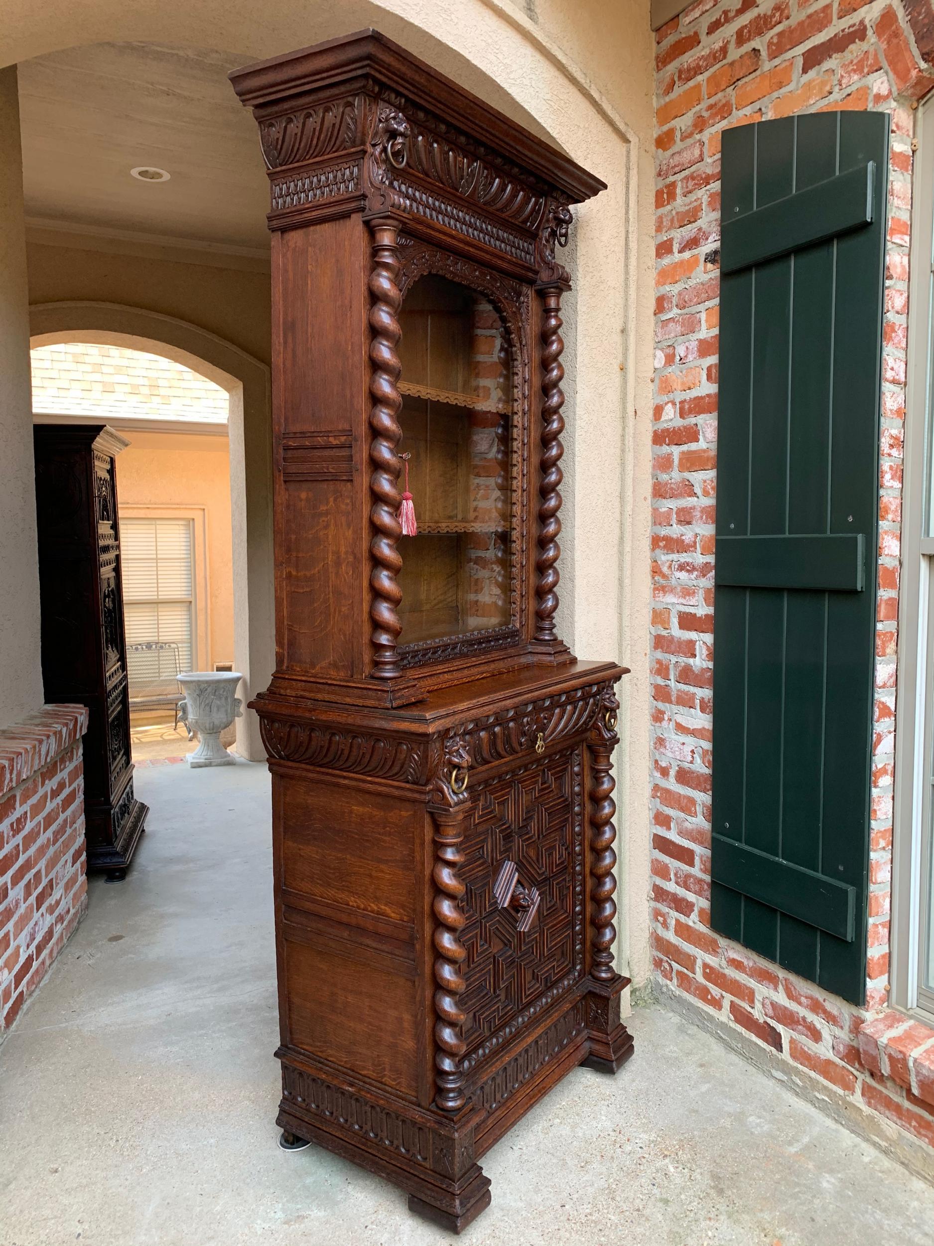 19th Century French Cabinet Bookcase Carved Oak Barley Twist Display Renaissance In Good Condition In Shreveport, LA