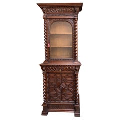 19th Century French Cabinet Bookcase Carved Oak Barley Twist Display Renaissance