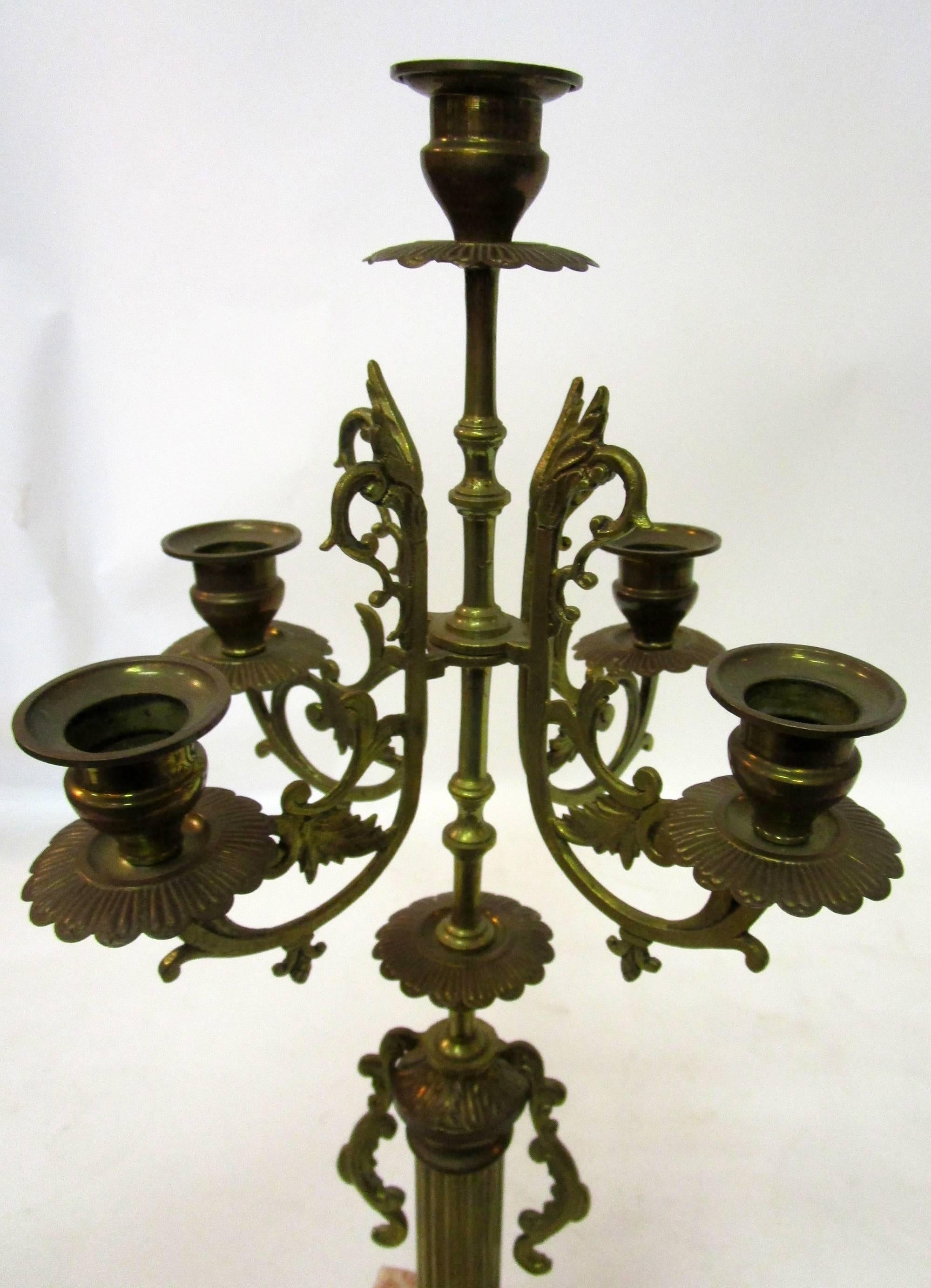 Mid-19th Century 19th century, French Candelabrum Brass with Rouge Marble Bases