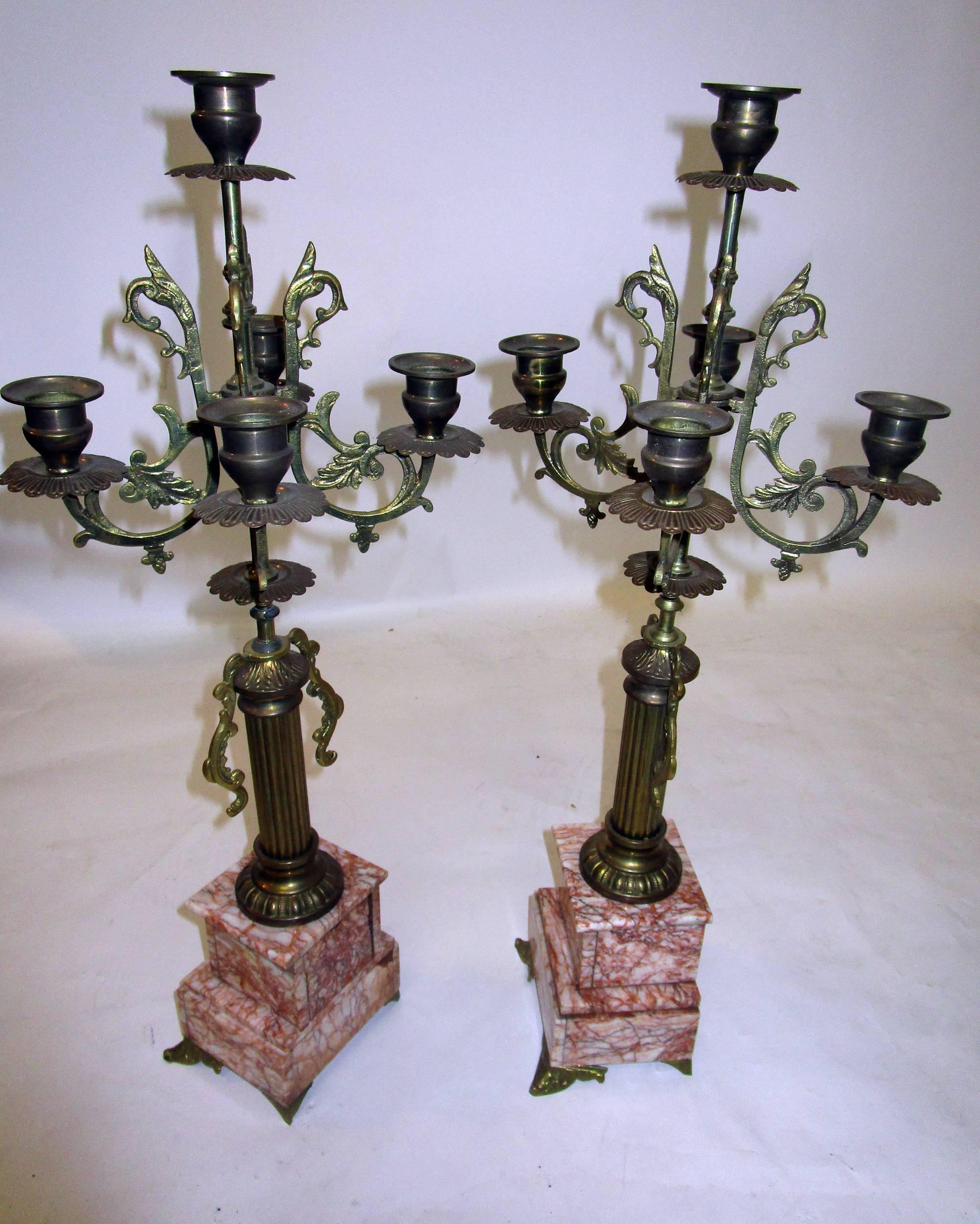19th century, French Candelabrum Brass with Rouge Marble Bases 2