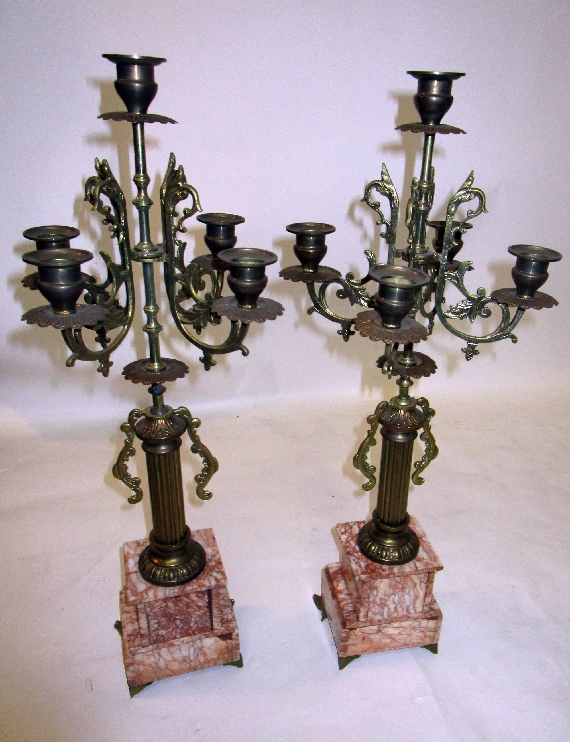 19th century, French Candelabrum Brass with Rouge Marble Bases 3