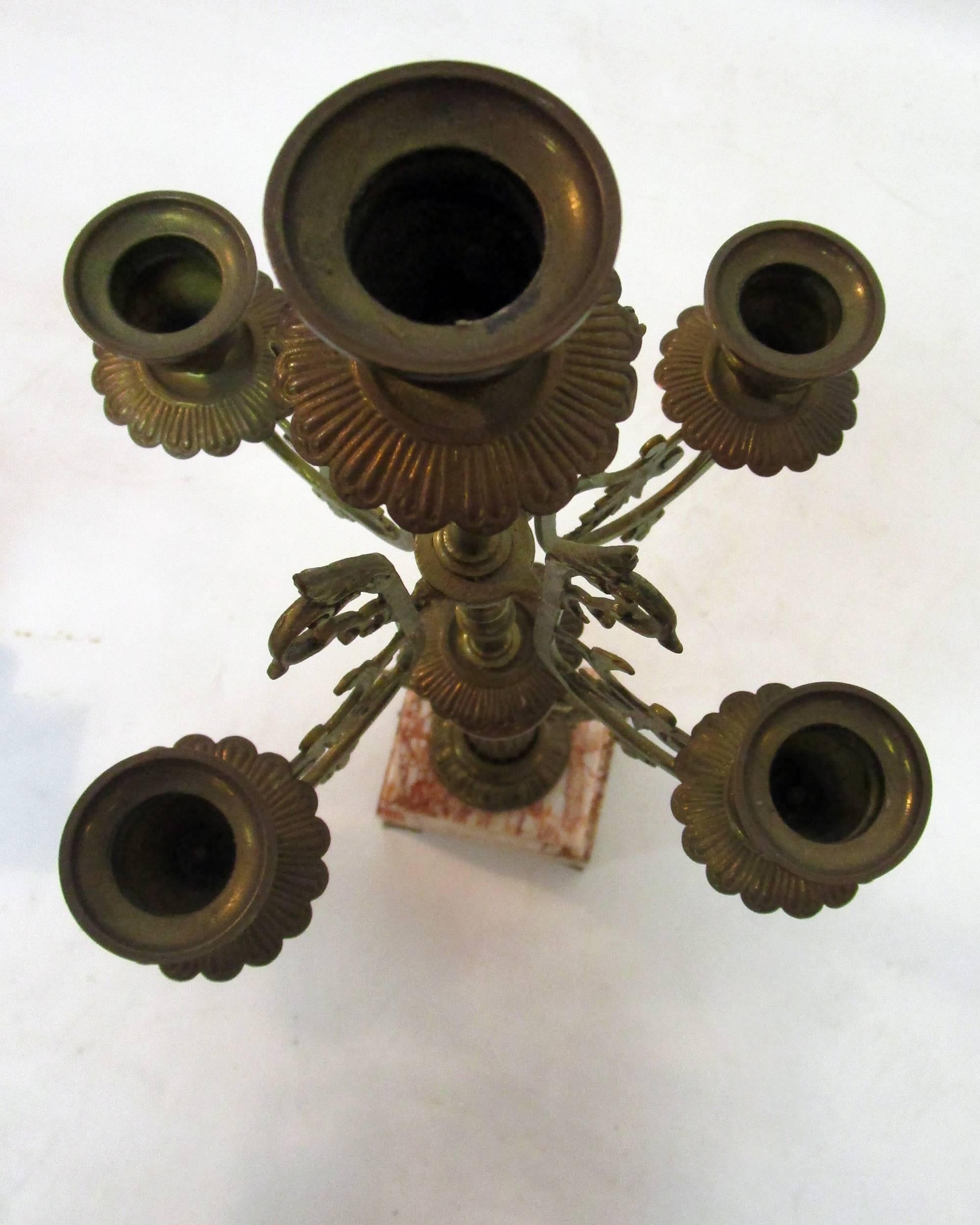 19th century, French Candelabrum Brass with Rouge Marble Bases 4