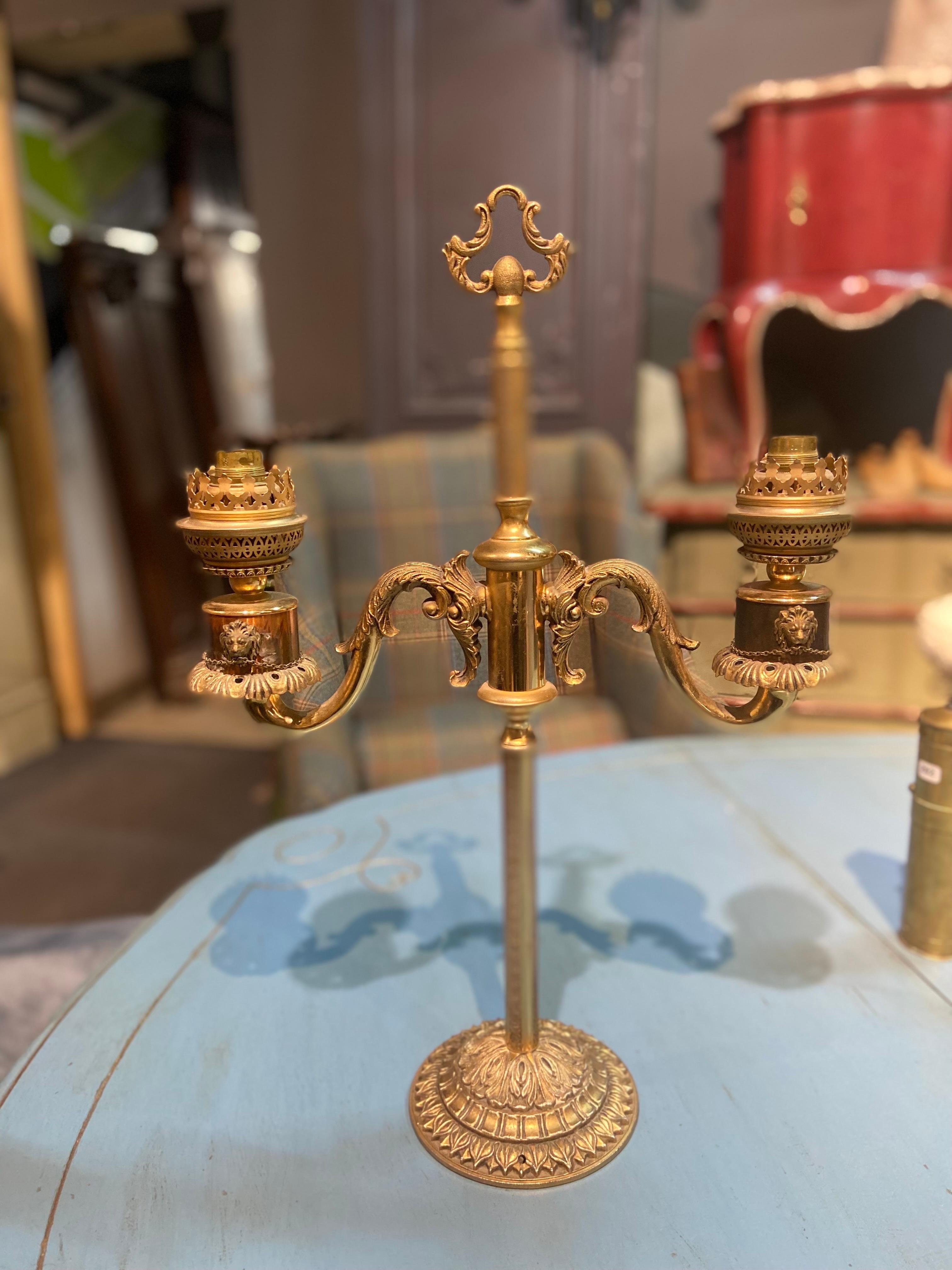 19th Century French Candlestick Electrified in Double Arm Brass Lamp For Sale 6