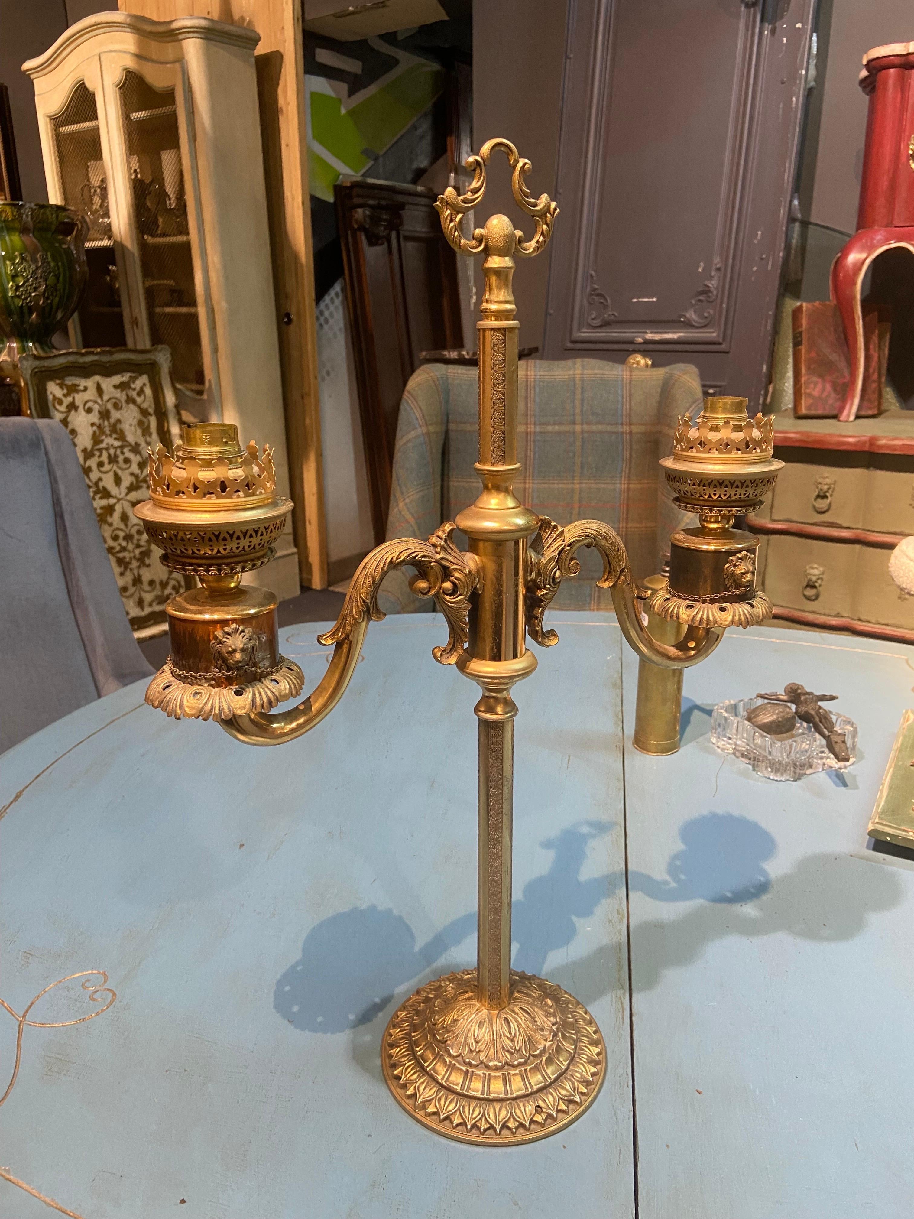 19th Century French Candlestick Electrified in Double Arm Brass Lamp For Sale 9