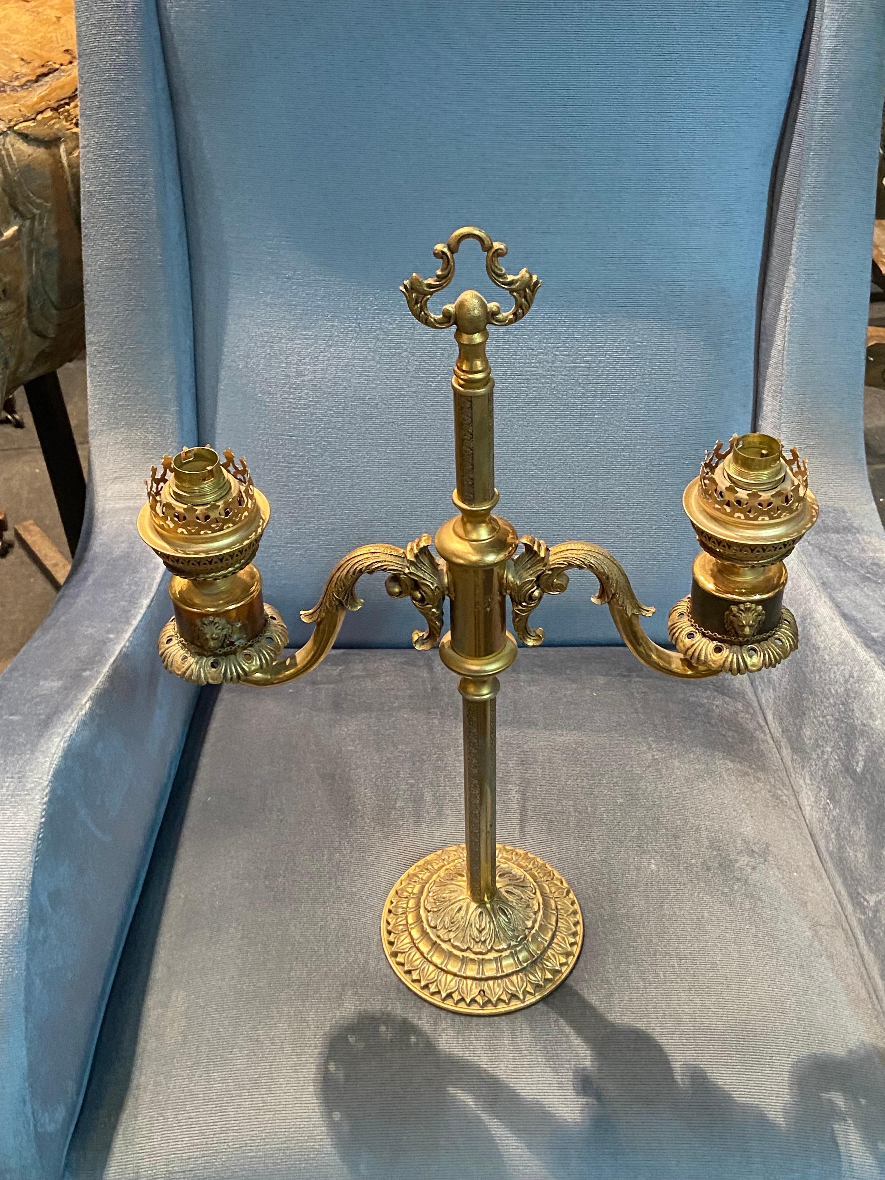 19th Century French Candlestick Electrified in Double Arm Brass Lamp For Sale 11