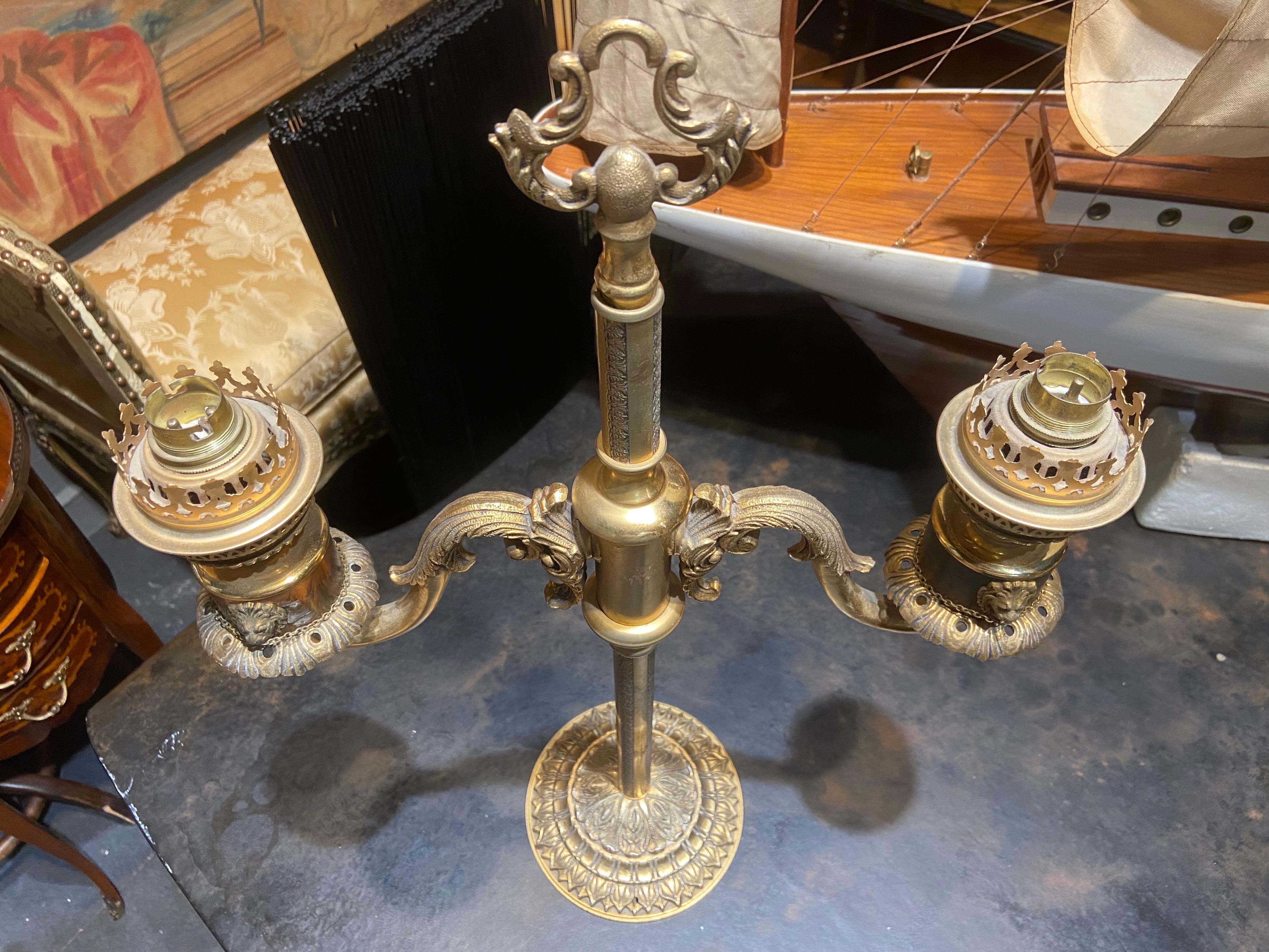 Louis XVI 19th Century French Candlestick Electrified in Double Arm Brass Lamp For Sale