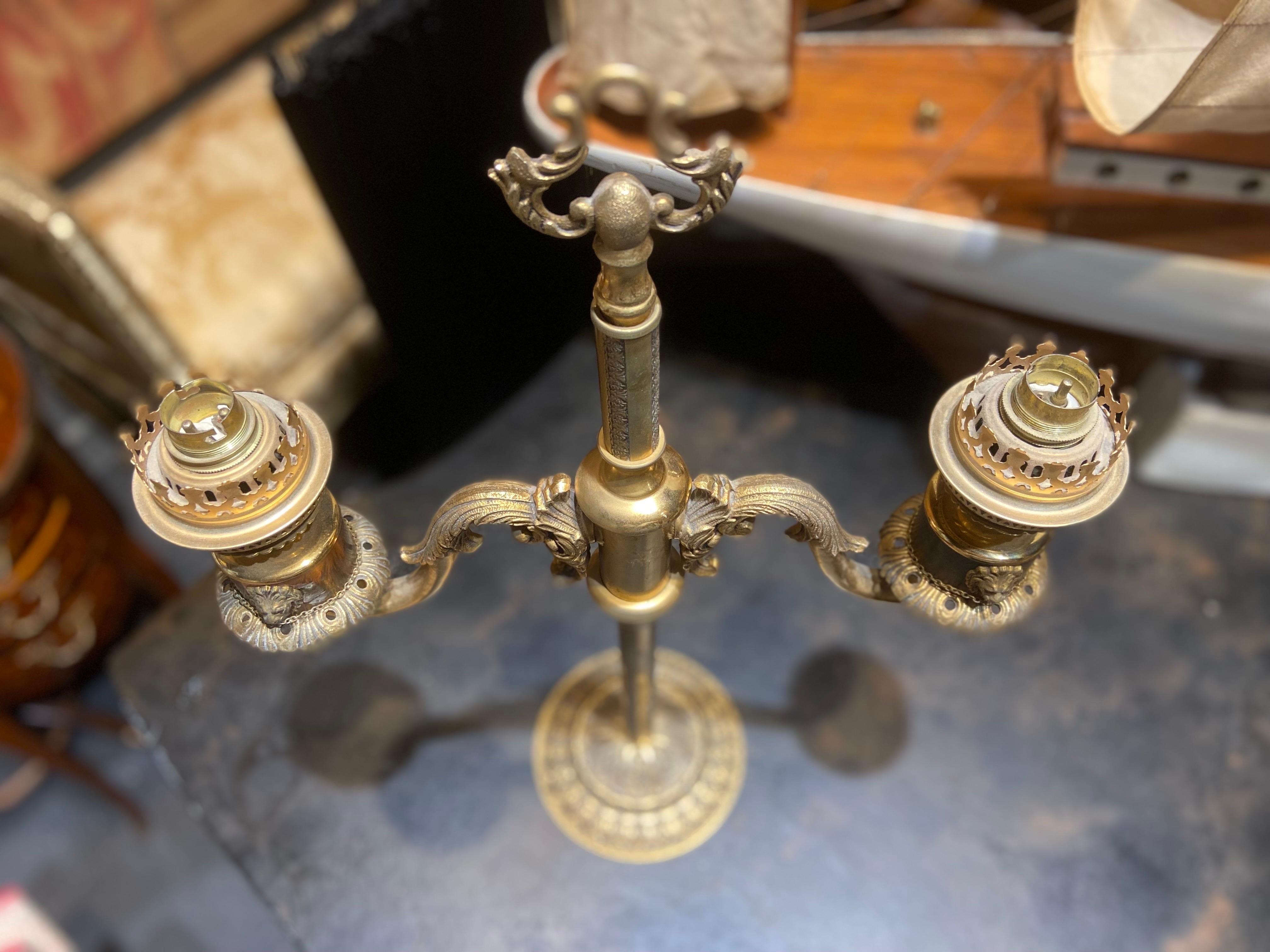 19th Century French Candlestick Electrified in Double Arm Brass Lamp In Good Condition For Sale In Sofia, BG