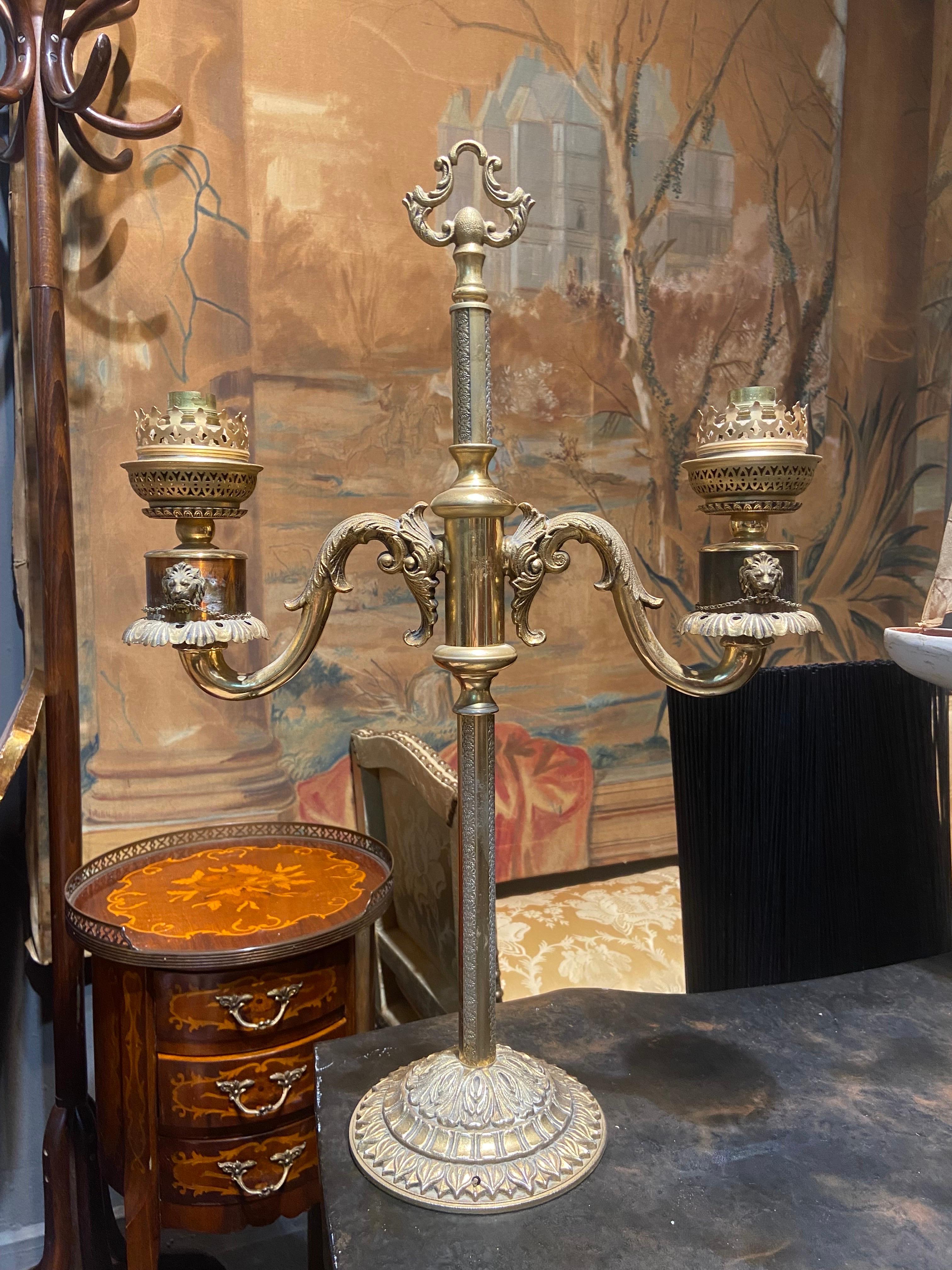 19th Century French Candlestick Electrified in Double Arm Brass Lamp For Sale 2