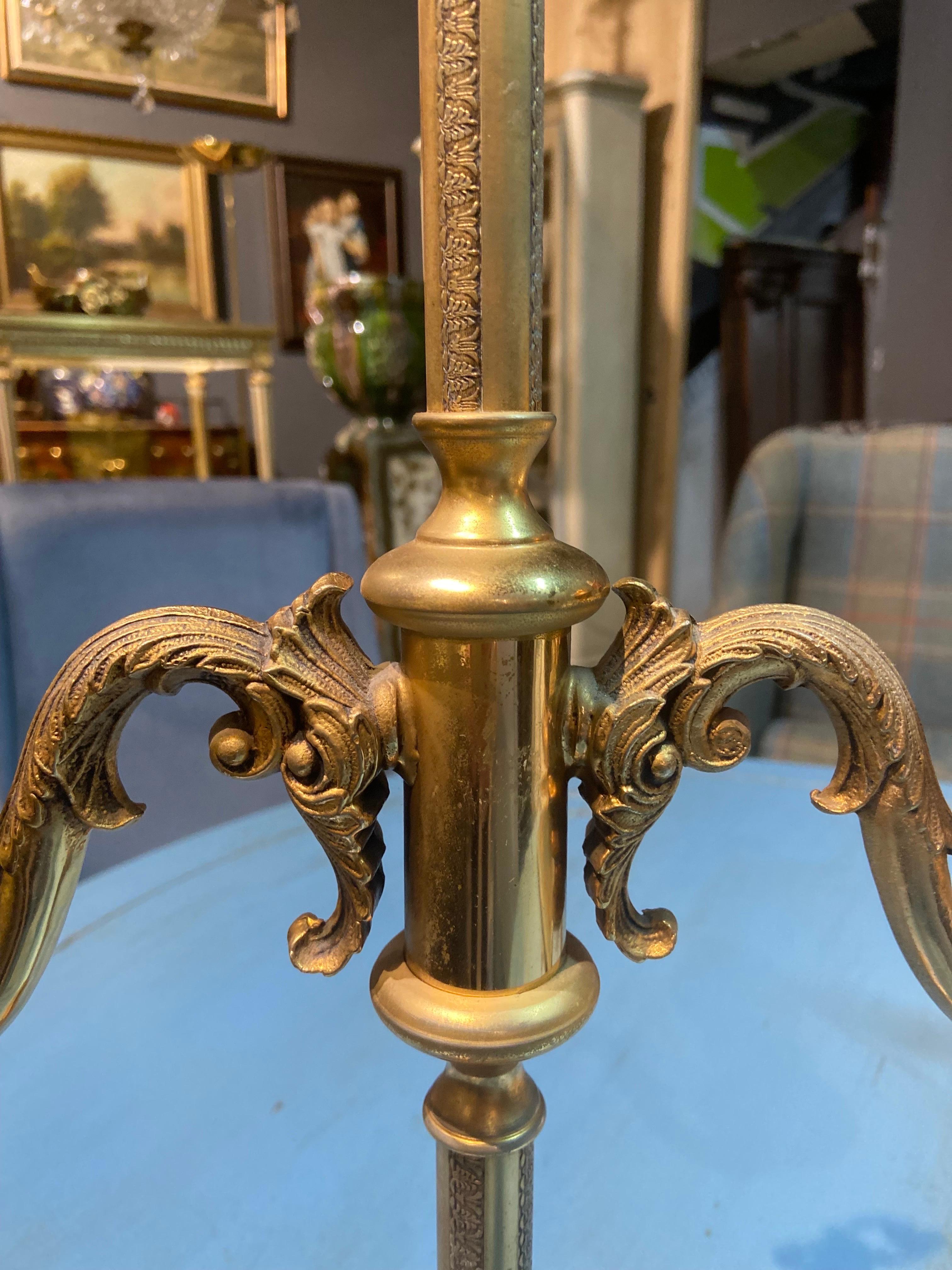 19th Century French Candlestick Electrified in Double Arm Brass Lamp For Sale 5