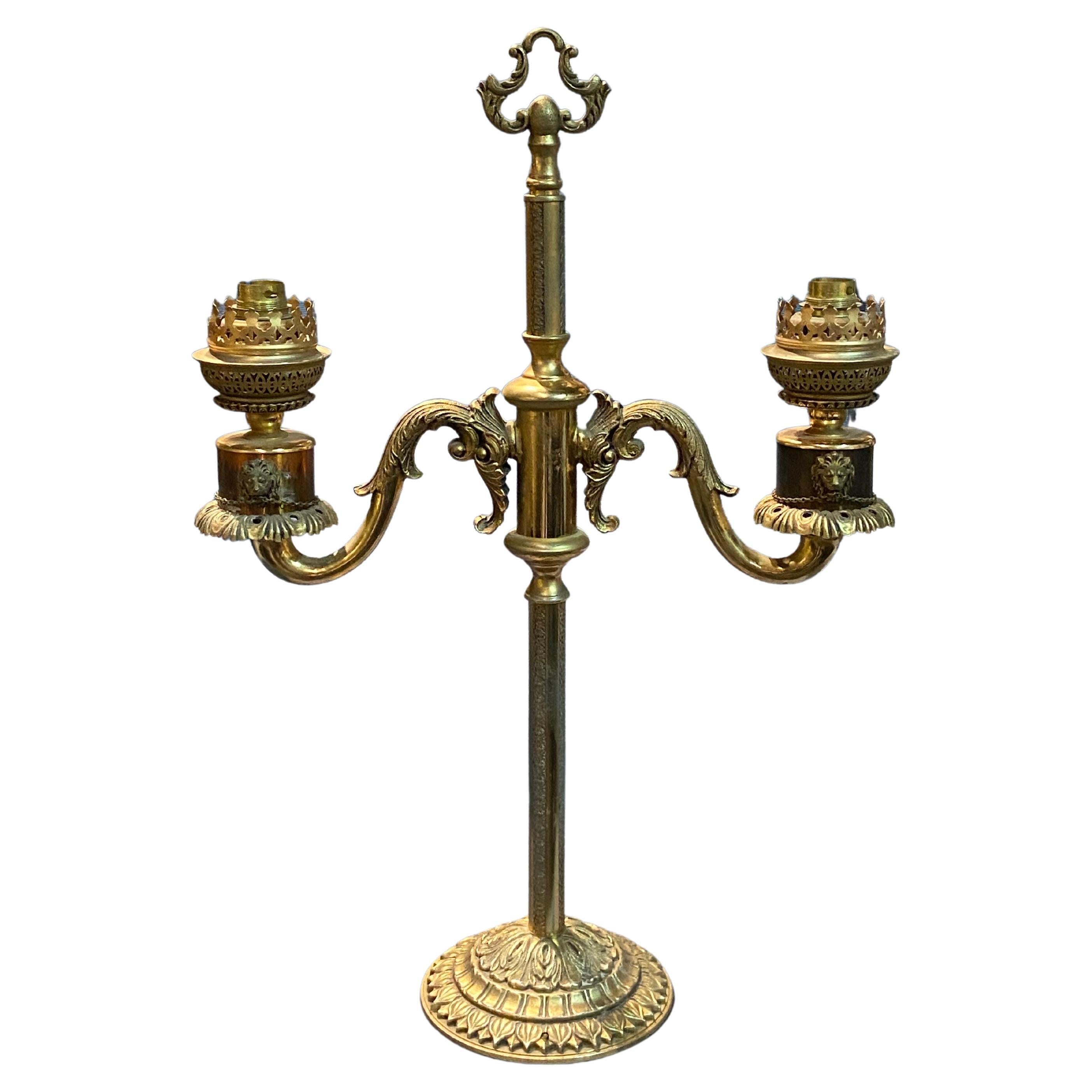 19th Century French Candlestick Electrified in Double Arm Brass Lamp For Sale