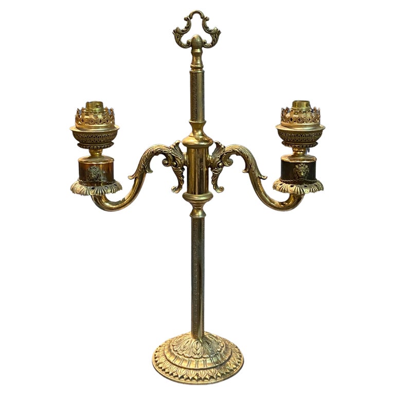 19th Century French Candlestick Electrified in Double Arm Brass Lamp