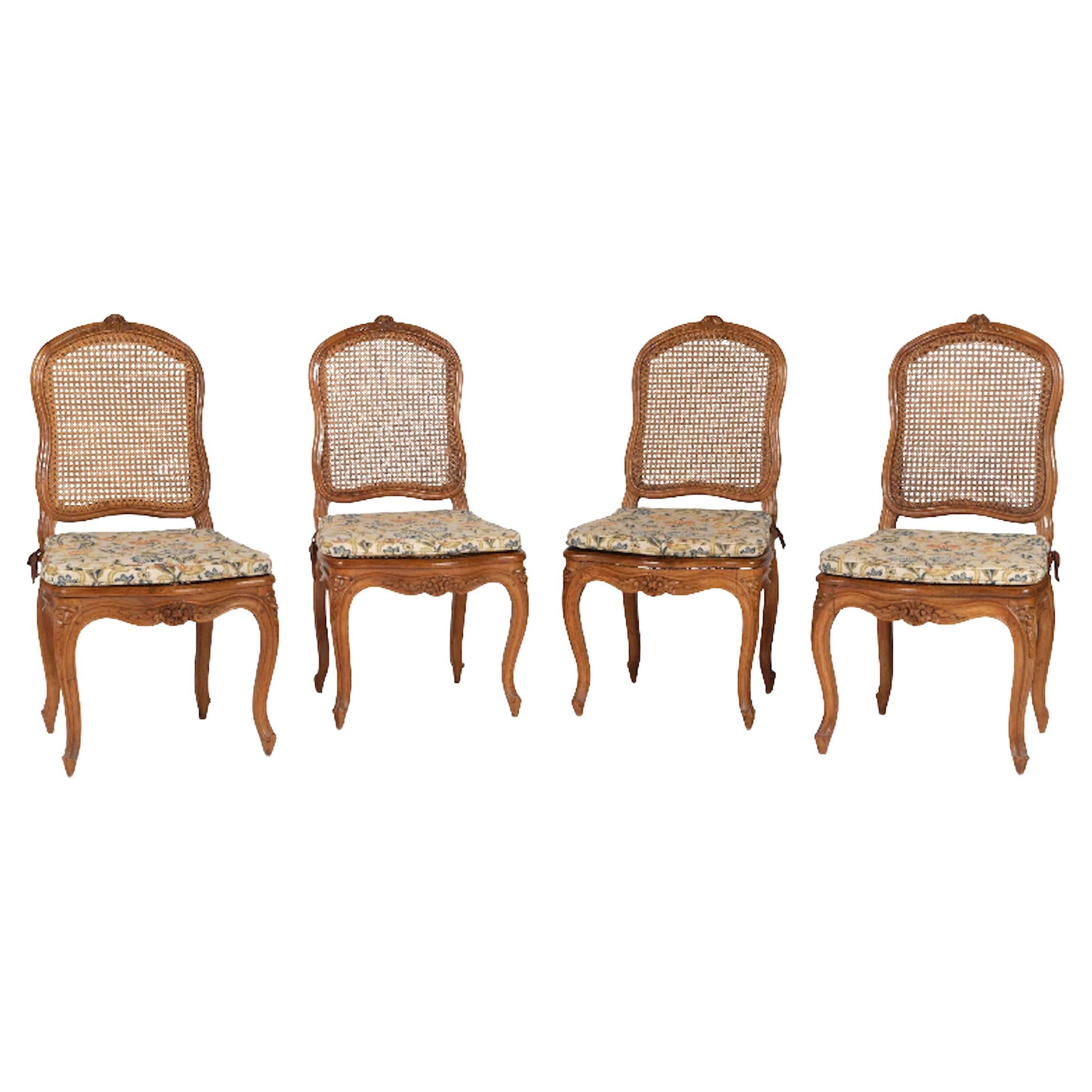 19th Century French Cane Chairs in Hand Carved Walnut Frame in Louis XV Style