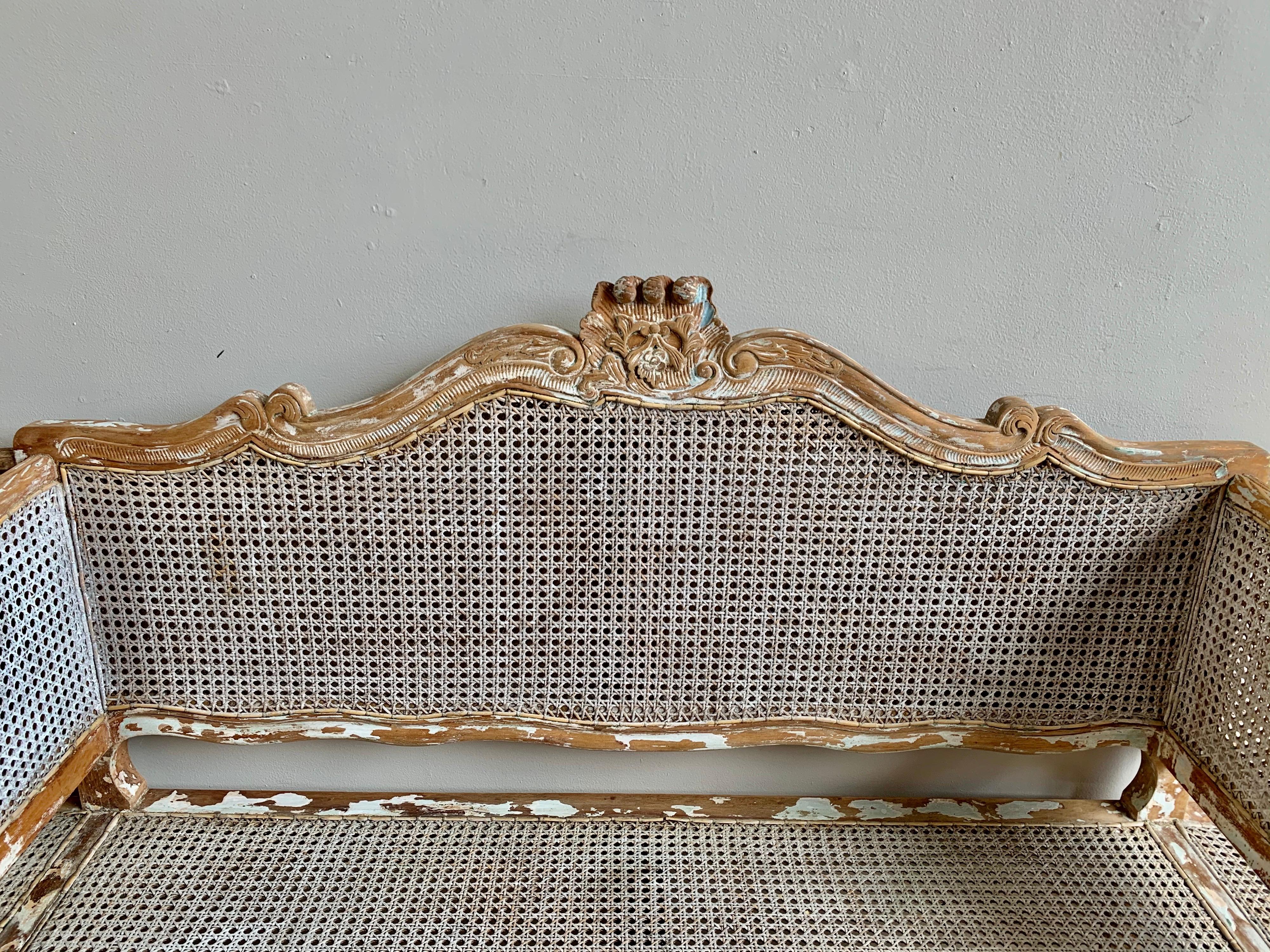 19th Century French Cane Settee In Distressed Condition In Los Angeles, CA