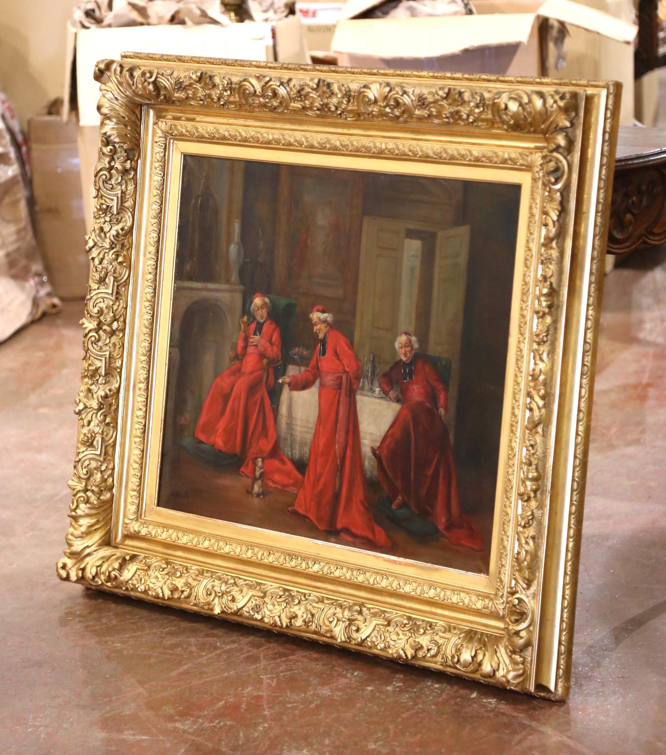 Diese detailreiche Genreszene wurde um 1880 gemalt und zeigt drei katholische Kardinäle in einem prächtigen Interieur, die sich angeregt unterhalten. Die zentrale Figur gestikuliert in Richtung eines sitzenden Begleiters, während der dritte Kardinal