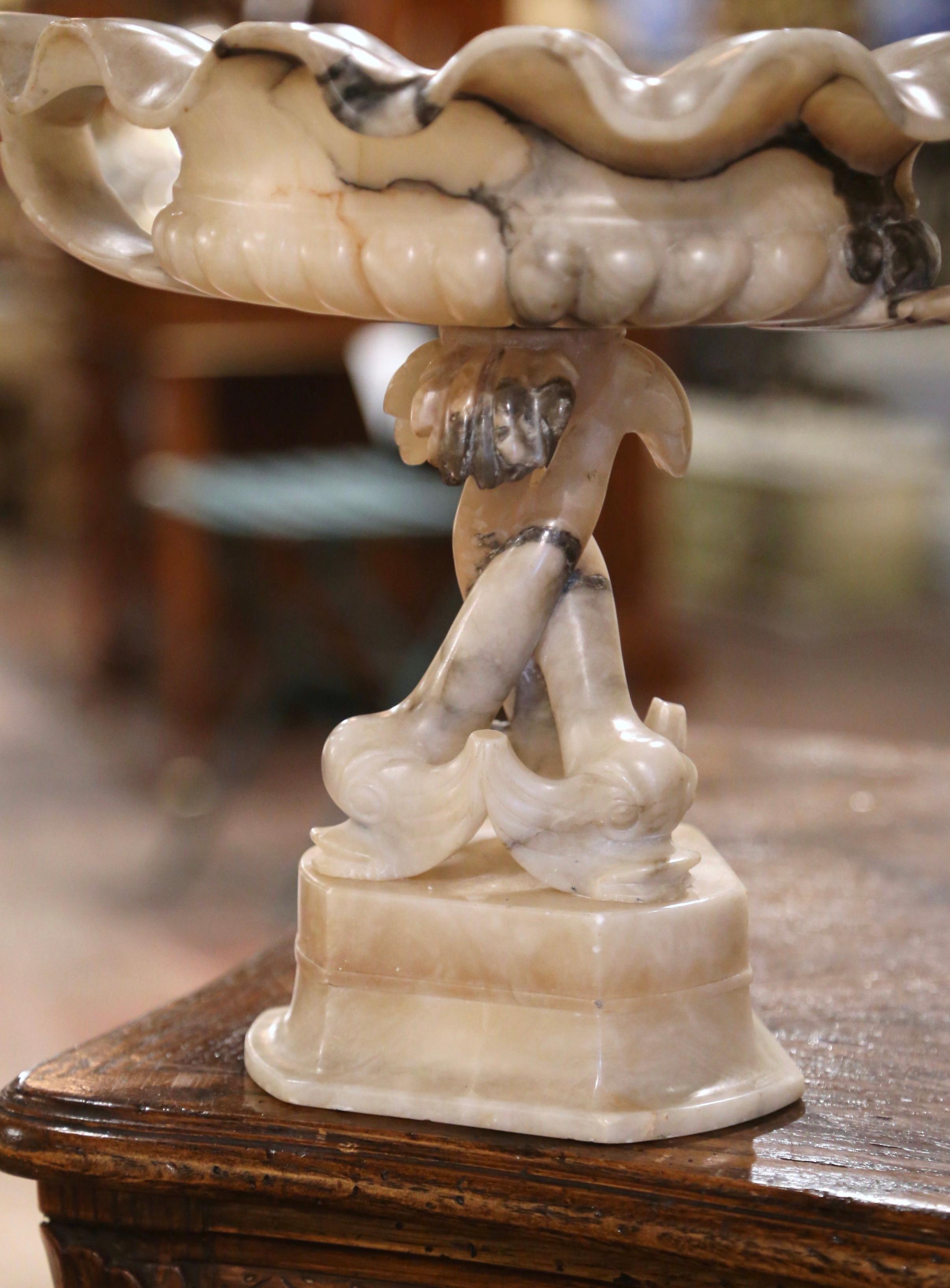 Neoclassical 19th Century French Carved Alabaster Compote Centerpiece with Dolphins For Sale