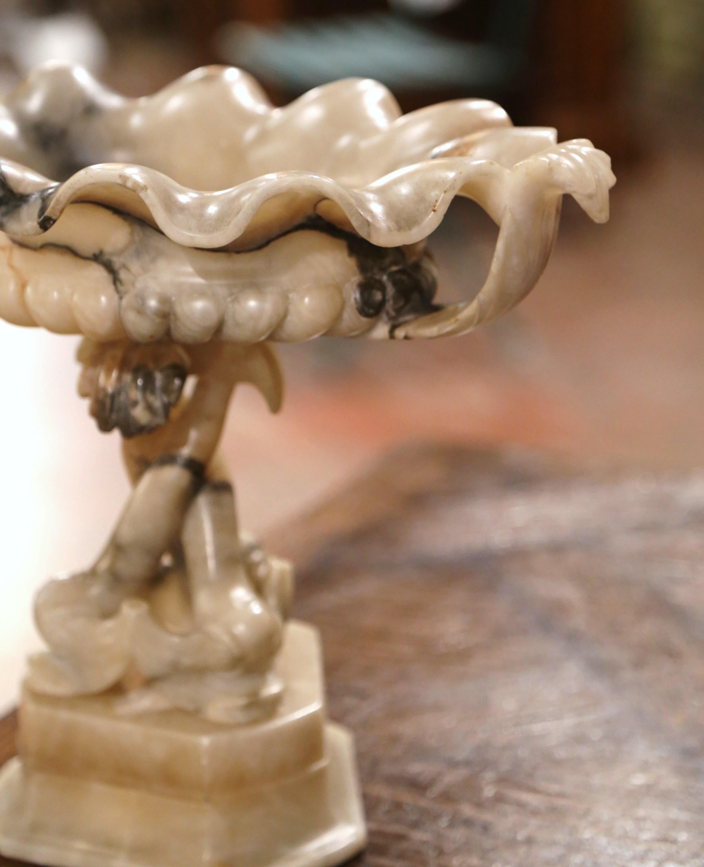 19th Century French Carved Alabaster Compote Centerpiece with Dolphins For Sale 1