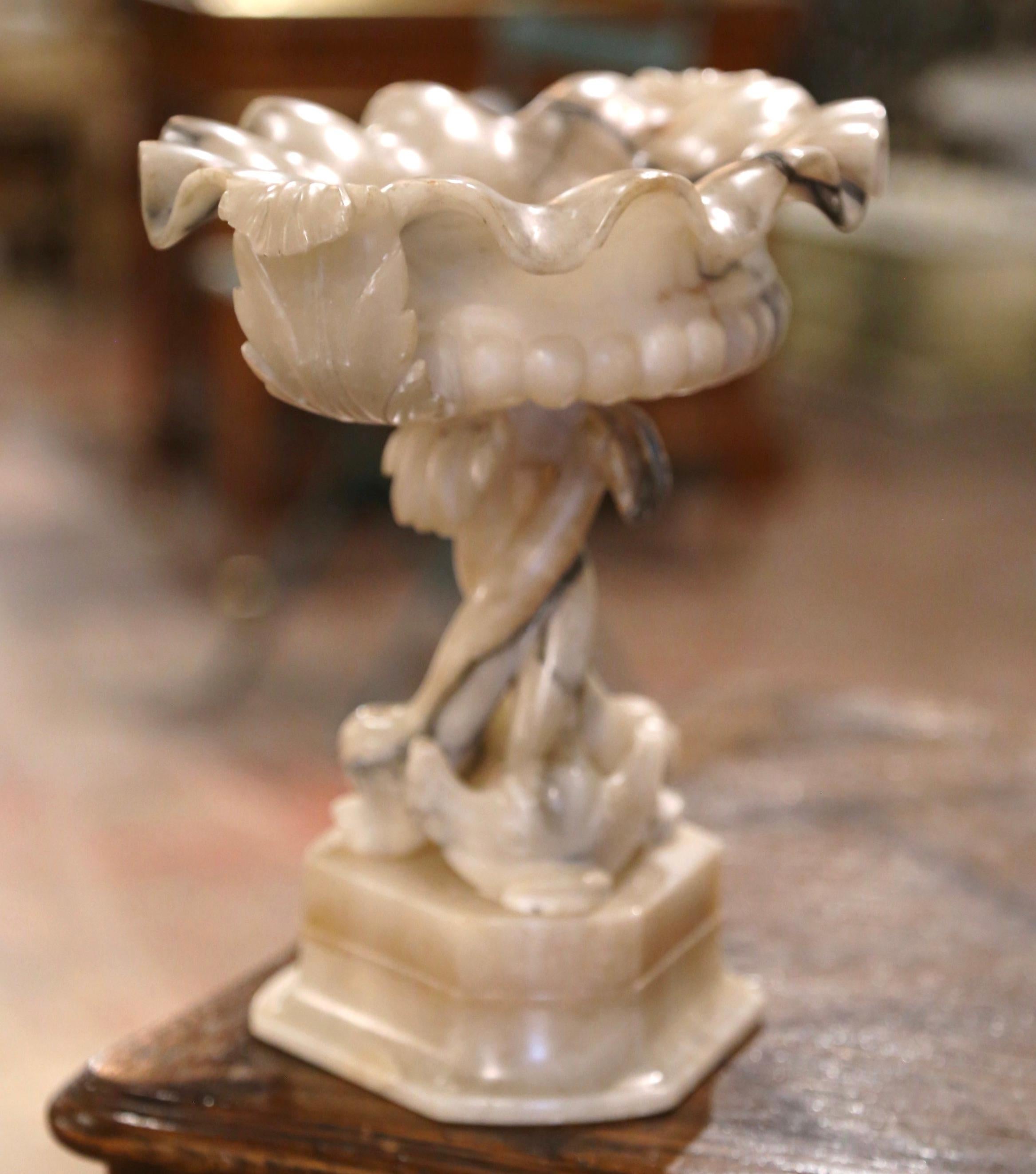 19th Century French Carved Alabaster Compote Centerpiece with Dolphins For Sale 2