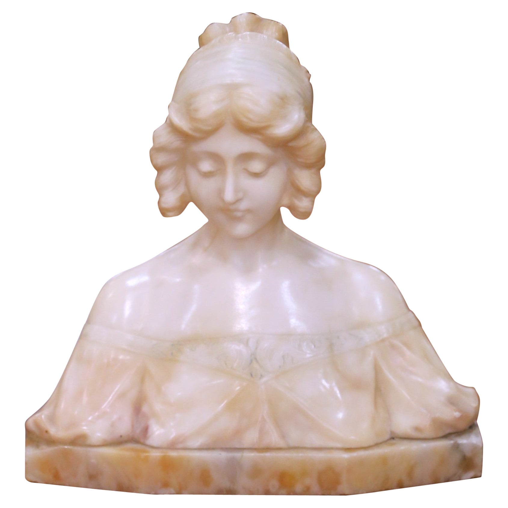 19th Century French Carved Alabaster Female Bust on Integral Shaped Base