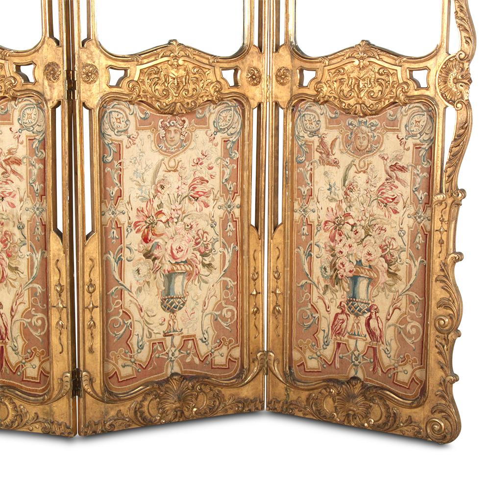 Victorian 19th Century French Carved and Gilded Three-Panel Screen with Aubusson Tapestry