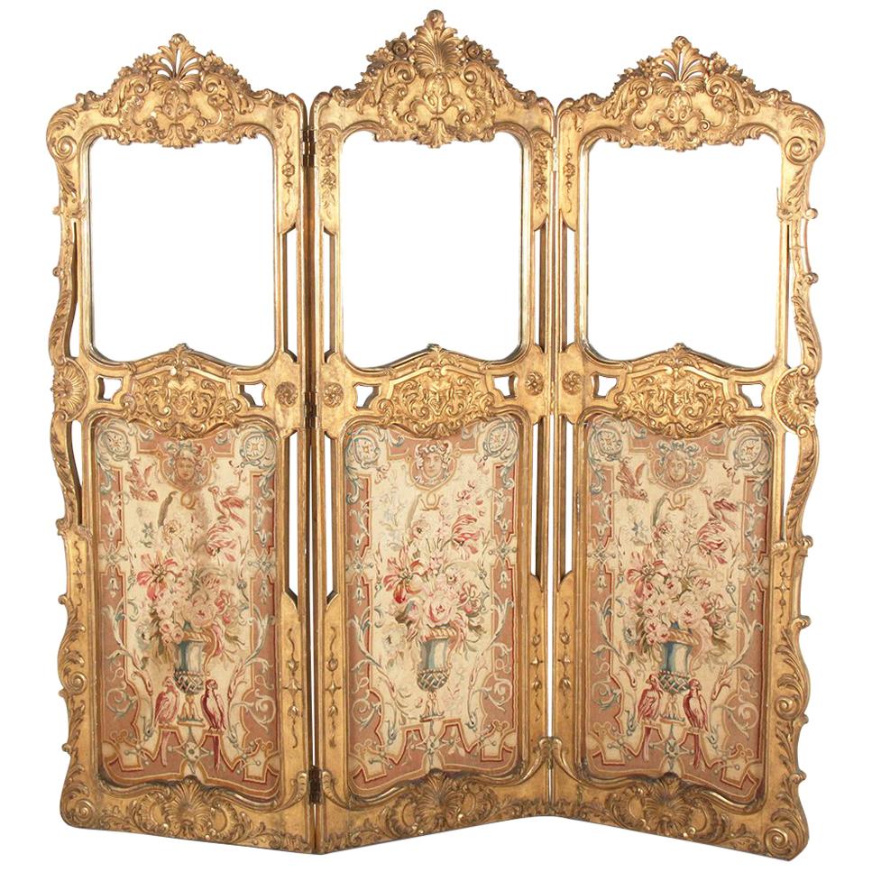 19th Century French Carved and Gilded Three-Panel Screen with Aubusson Tapestry