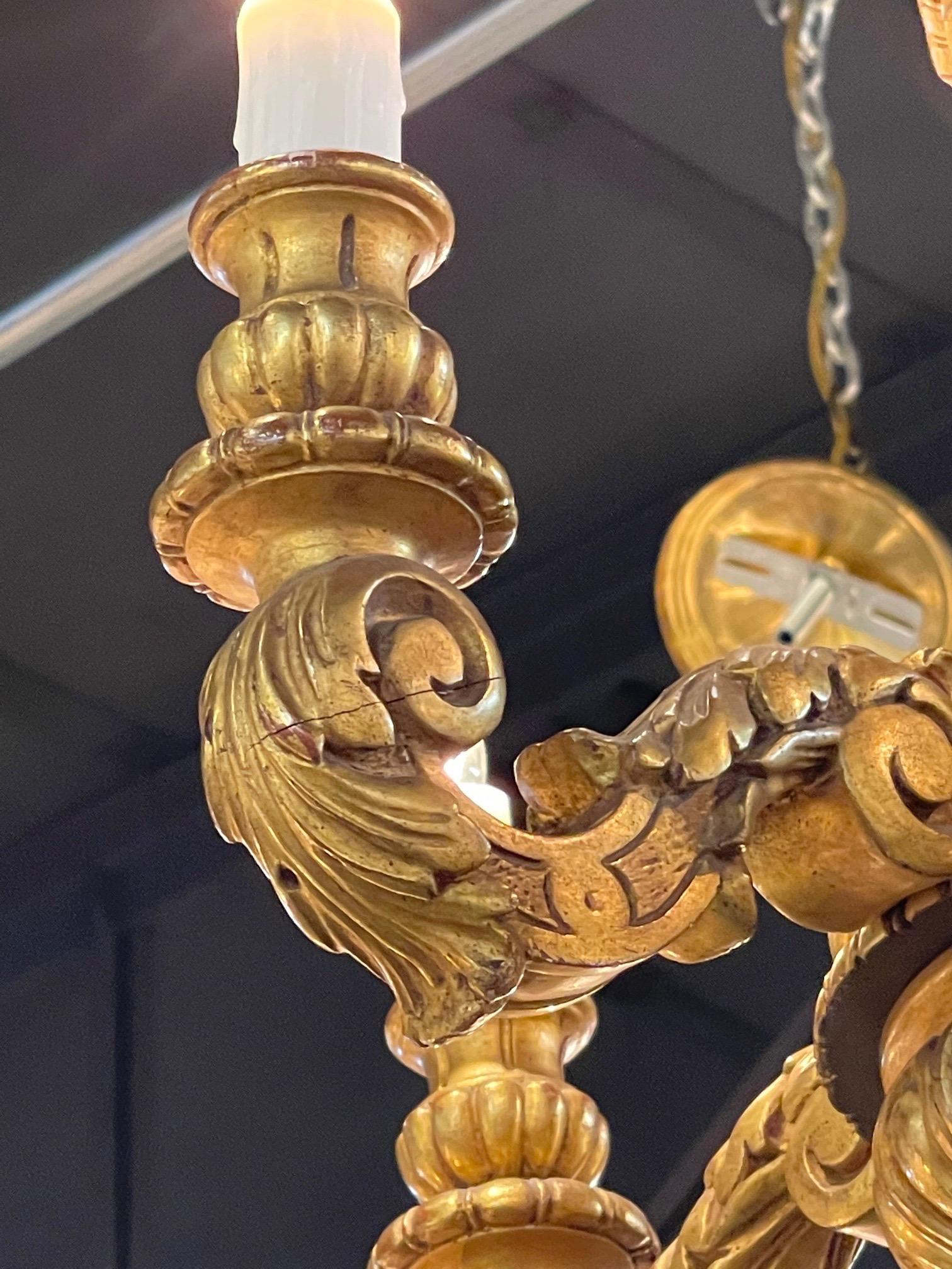 19th Century French Carved and Giltwood 4 Light Chandelier In Good Condition In Dallas, TX