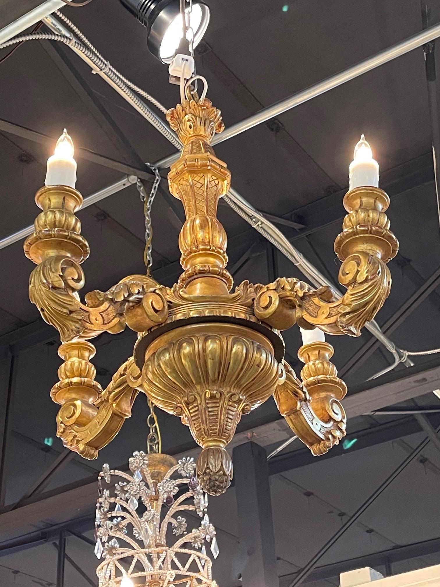19th Century French Carved and Giltwood 4 Light Chandelier 2