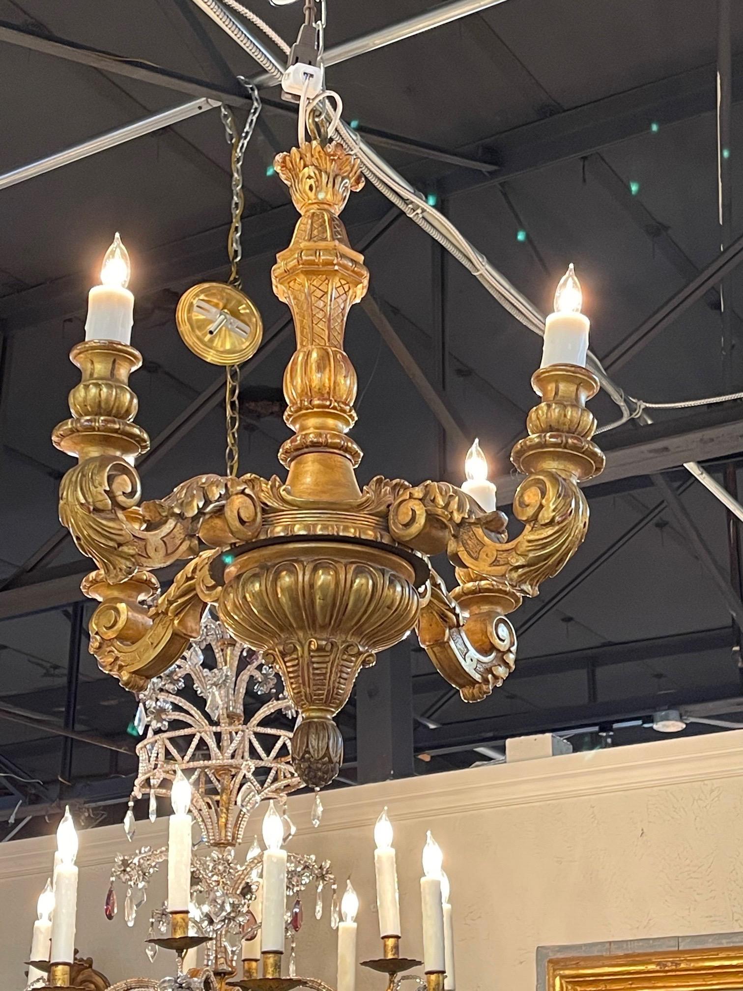 19th Century French Carved and Giltwood 4 Light Chandelier 3