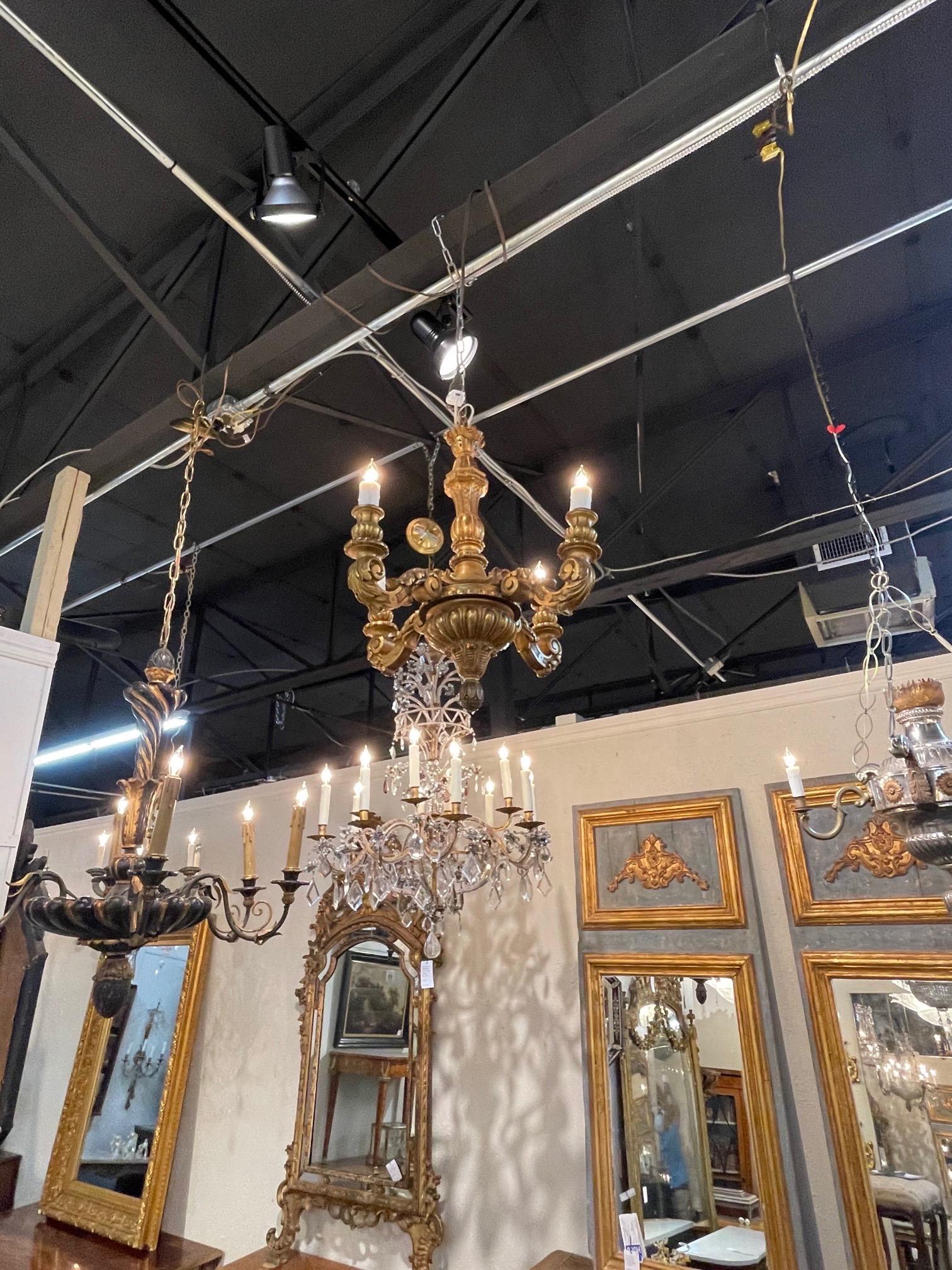 19th Century French Carved and Giltwood 4 Light Chandelier 4
