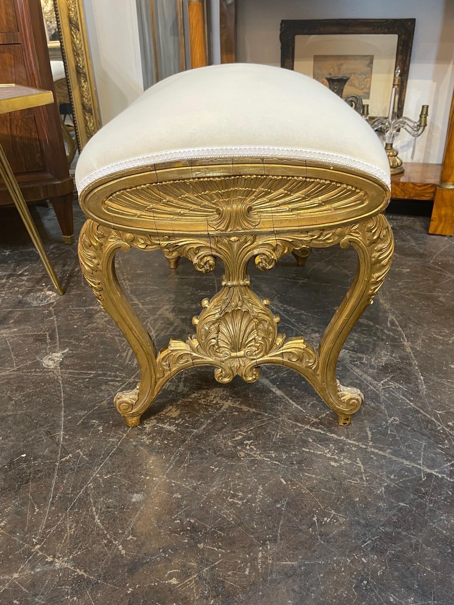 19th Century French Carved and Giltwood Upholstered Bench In Good Condition In Dallas, TX