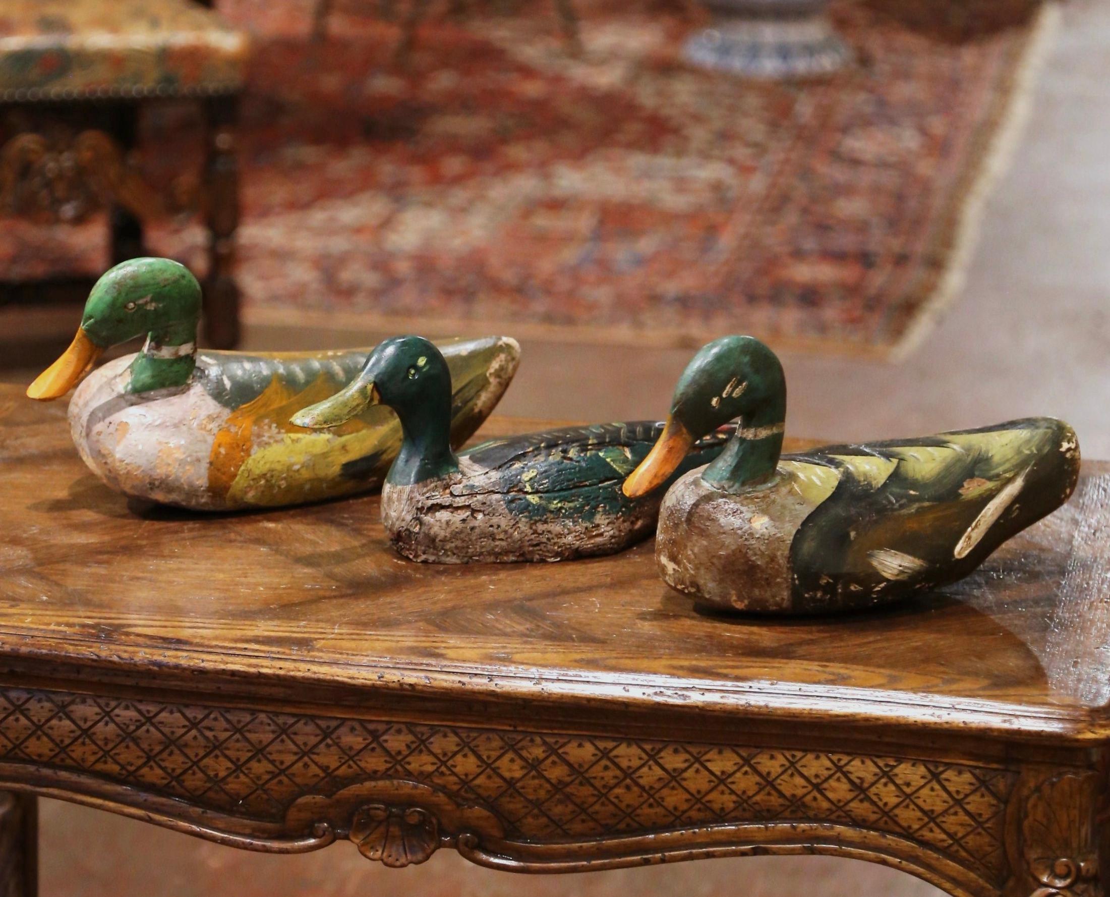 Decorate a man's office with this exquisite set of antique wooden ducks. Crafted in France circa 1880, these duck decoys are of varied sizes and species; each colorful carved sculpture is nicely hand painted in the green, brown, beige and black